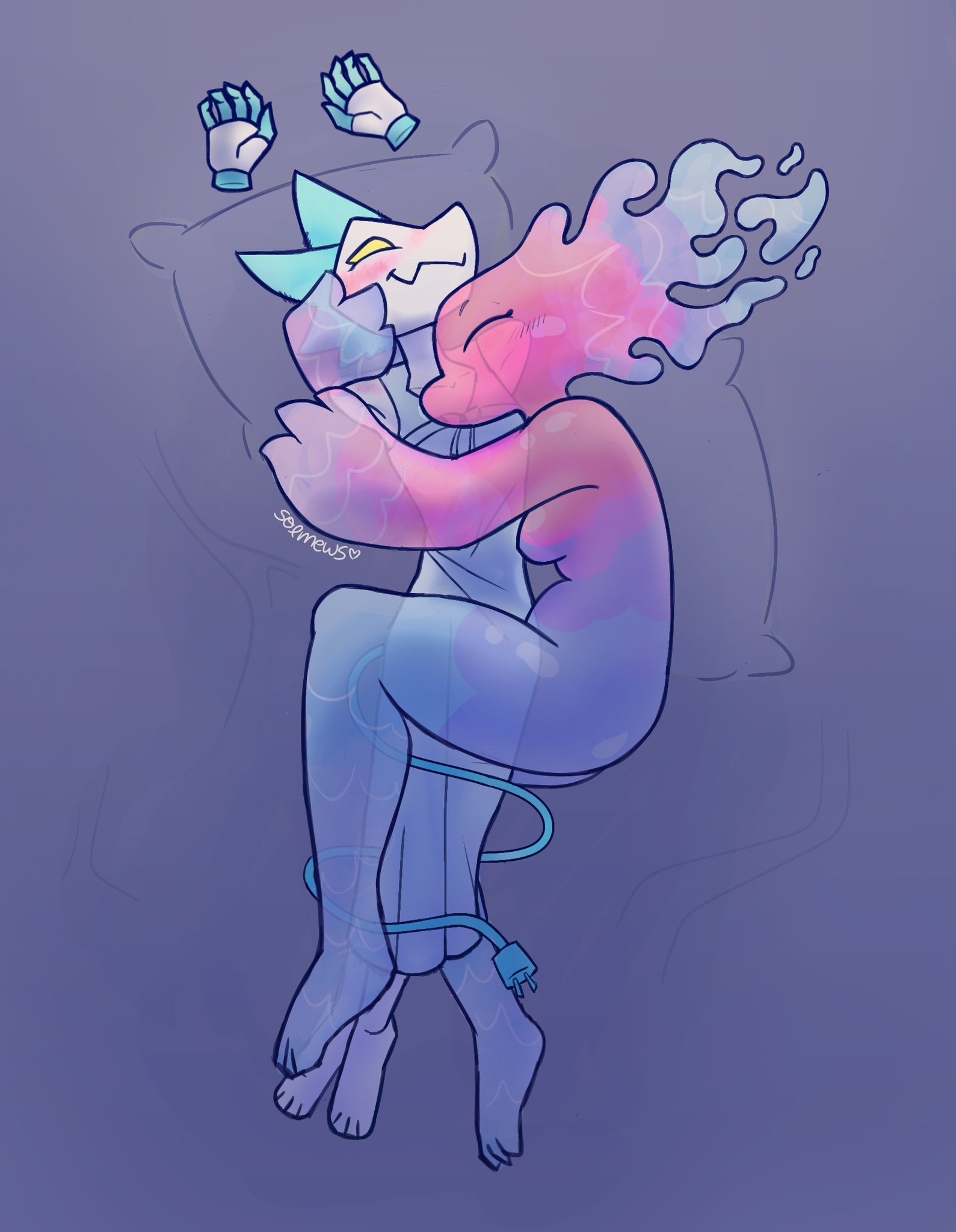 2d, 2d artwork, 2girls, anthro, blue body, blush, blushing, cable tail, cat ears, catgirl, clothed, clothed/nude, clothing, deltarune, deltarune chapter 2, deltarune chapter 4, elemental creature, elemental humanoid, feet, female, female only, furry, furry female, hug, hugging, hugging another, lesbian, lesbian couple, miss mizzle (deltarune), naked, naked female, nonsexual, nonsexual nudity, nude, nude female, pink body, smile, smiling, tagme, tagme (artist), tasque manager (deltarune), water, water creature, water elemental, water humanoid, white body, wholesome, wholesome couple, wholesome nudity, yuri