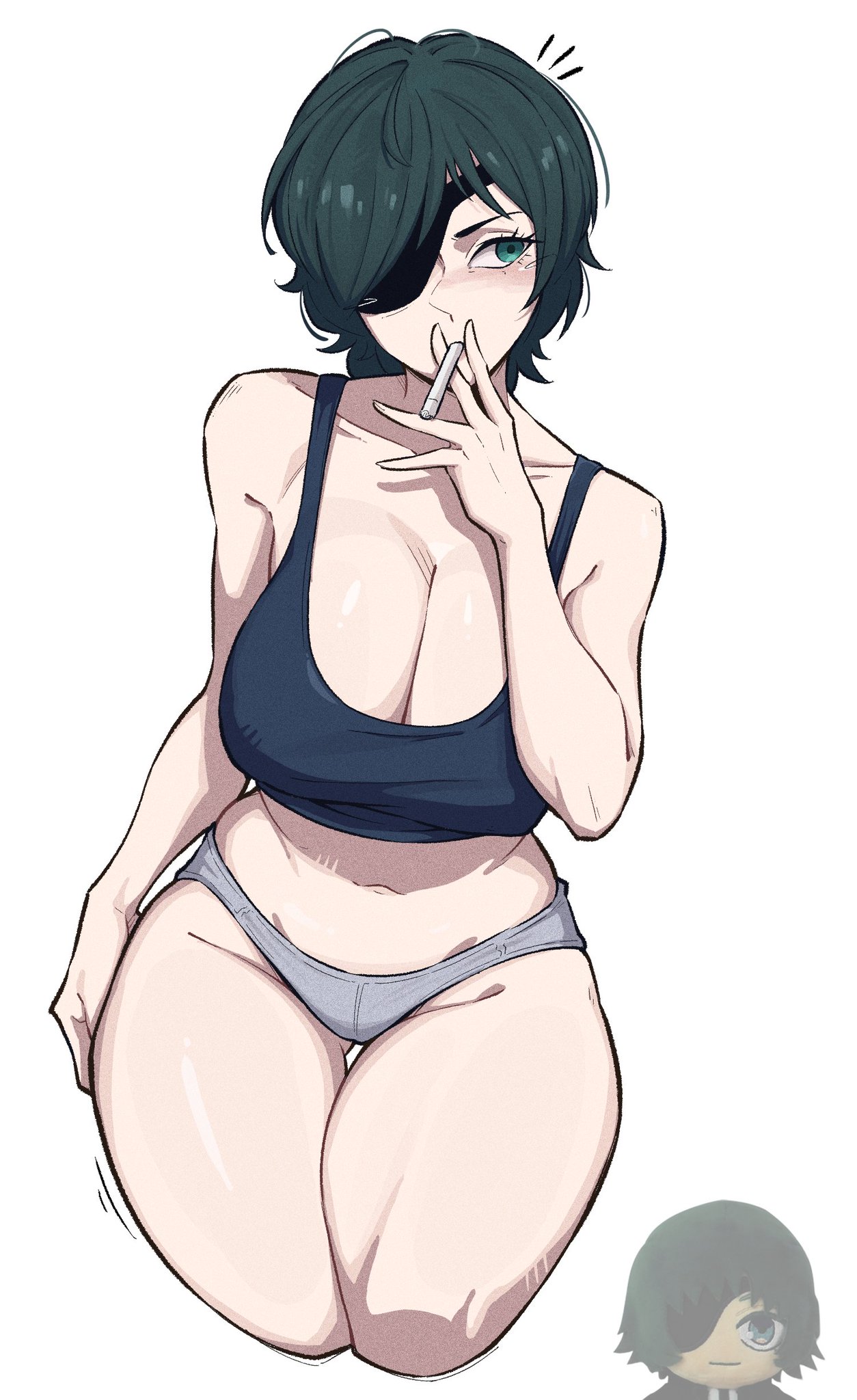 1girls, big breasts, big thighs, blush, blushing, breasts, busty, chainsaw man, cigarette, cleavage, csr ap07, eyepatch, female, female only, green eyes, green hair, himeno (chainsaw man), hourglass figure, huge breasts, huge thighs, large breasts, large thighs, navel, panties, short hair, slim waist, smoking, solo, solo female, standing, tank top, thick, thick thighs, thigh gap, thighs, thunder thighs, underwear, voluptuous, voluptuous female, white background, wide hips