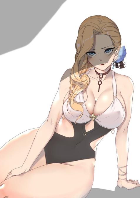 1girls, artist request, azur lane, big breasts, blonde hair, blue eyes, breasts, female, female only, hood (azur lane), hood (sunlit lady) (azur lane), one-piece swimsuit, smiling, solo, swimsuit, thick thighs