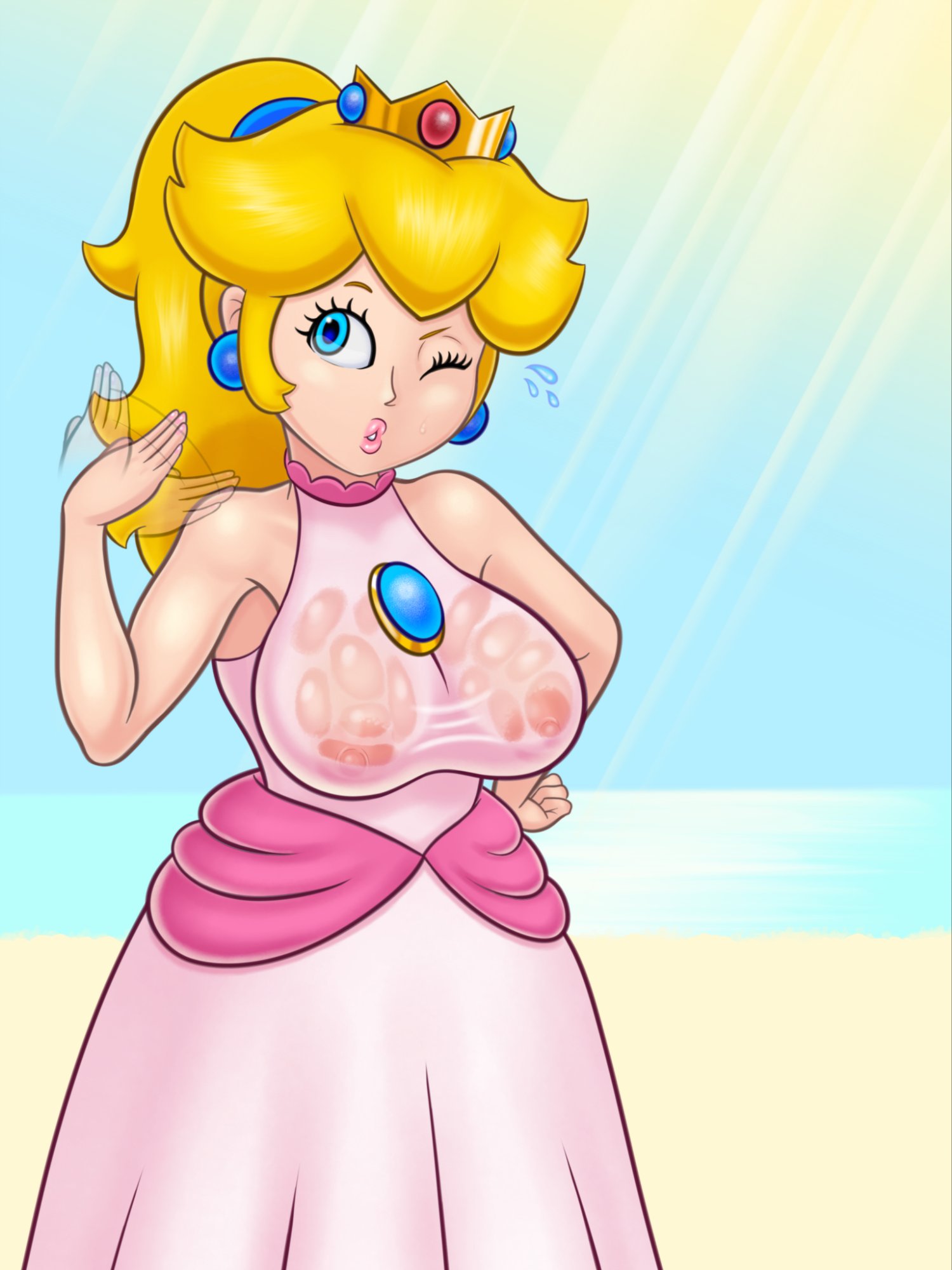 1girls, areola, areolae, bare shoulders, big areola, big areolae, big breasts, big nipples, blonde hair, blue eyes, breasts, busty, crown, dress, earrings, eyelashes, female, female only, fully clothed, lipstick, mario (series), nintendo, one eye closed, pink dress, ponytail, princess, princess peach, royalty, see-through, see-through clothing, simple background, sleepiitreat, solo, super mario sunshine, sweat, sweaty breasts, video games, wet clothes