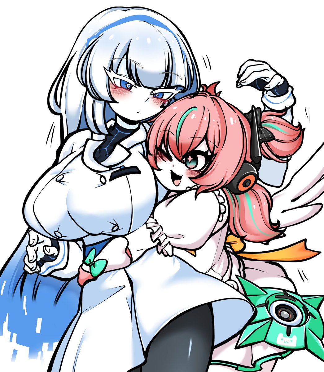 2026, 2girls, angels of delusion, aria (zenless zone zero), aria (zenless zone zero) (human form), big breasts, cute, fairy (zenless zone zero), female, female focus, female only, hug, hugging, hugging from behind, personification, safe for work, sfw, uncolorcube, wholesome, zenless zone zero