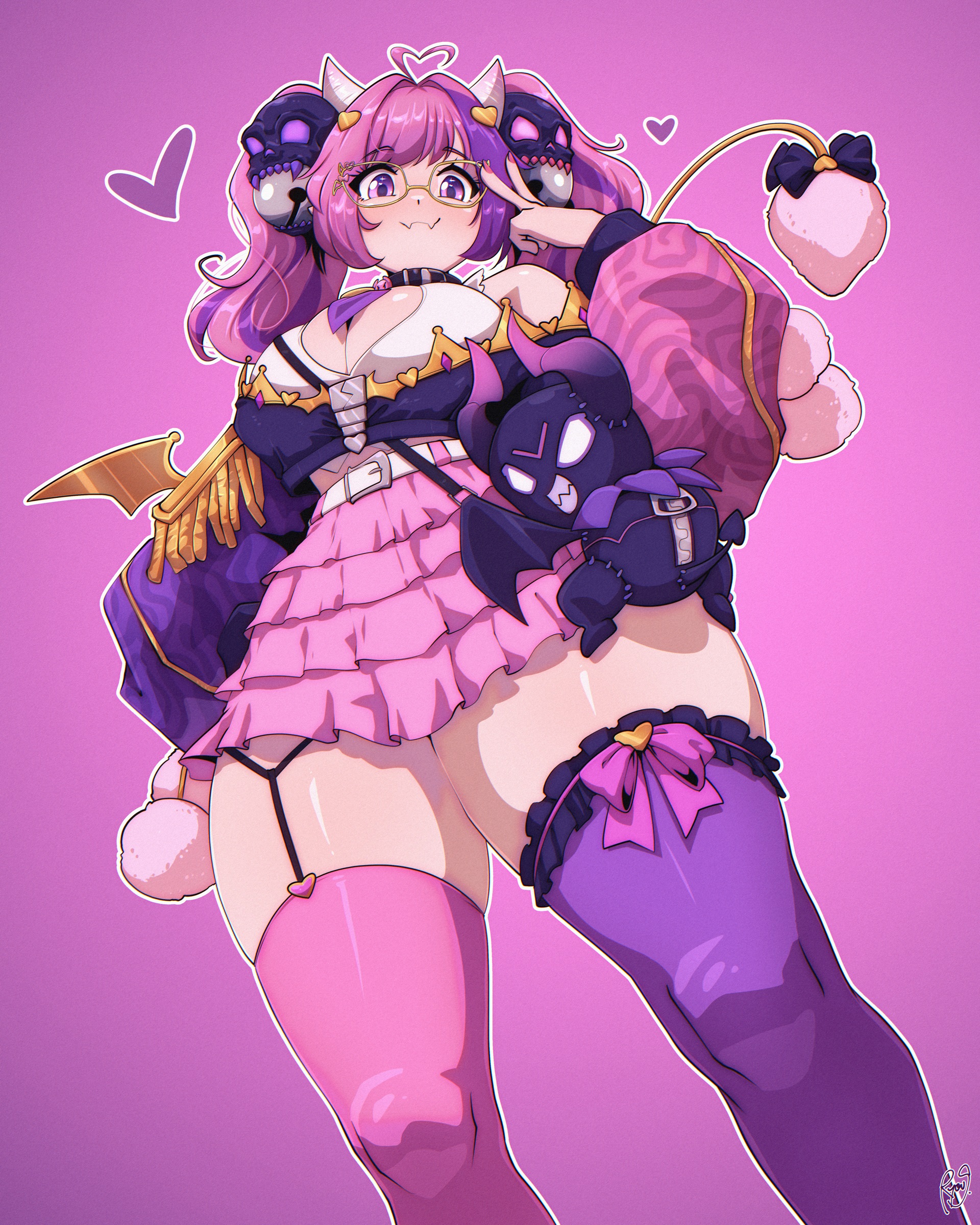 1girl, 1girls, ahoge, bell, big breasts, breasts, cleavage, cleavage cutout, clothing cutout, curvy, demon girl, demon horns, demon tail, demon wings, fangs, female, glasses, golden wings, hair bell, hair ornament, heart, heart ahoge, heart cutout, heart hair ornament, highres, horns, indie virtual youtuber, ironmouse, ironmouse (8th anniversary), jacket, large breasts, latina, multicolored hair, multicolored jacket, necktie, pink background, pink hair, pink jacket, pink skirt, pink thighhighs, purple eyes, purple hair, purple jacket, purple necktie, purple streaks, purple thighhighs, ryou sakai, ryousakai, shirt, skin fangs, skirt, skull hair ornament, solo, streaked hair, tail, thick, thick thighs, thighhighs, thighs, tits, twintails, two-tone jacket, v, virtual youtuber, vtuber, white horns, white shirt, wide hips, wings