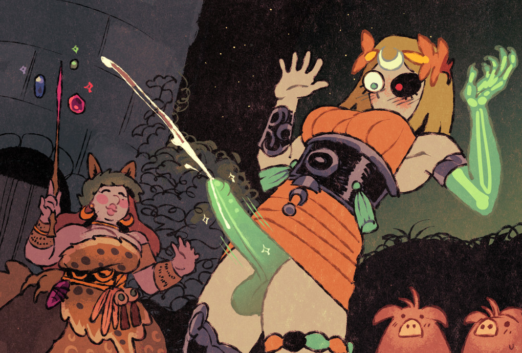 animal ears, animal fur, animal skin, big breasts, circe (hades), cum, ears, forced orgasm, futanari, glowing genitalia, glowing penis, green dick, hades (game), hades 2, magic, melinoe (hades), orange clothing, pig, pigs, shocked, surprised, taylor titmouse, transformation, wand, witch