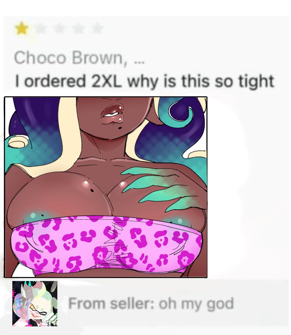 2girls, areolae visible through clothing, dark-skinned female, eyes out of frame, green areola, green fingers, marina (splatoon), meme reference, mole on areola, mole on breast, pearl (splatoon), pink top, spicy ssaur (artist), splatoon, splatoon (series), splatoon 2, tight clothing, tubetop, wrong size, yuri