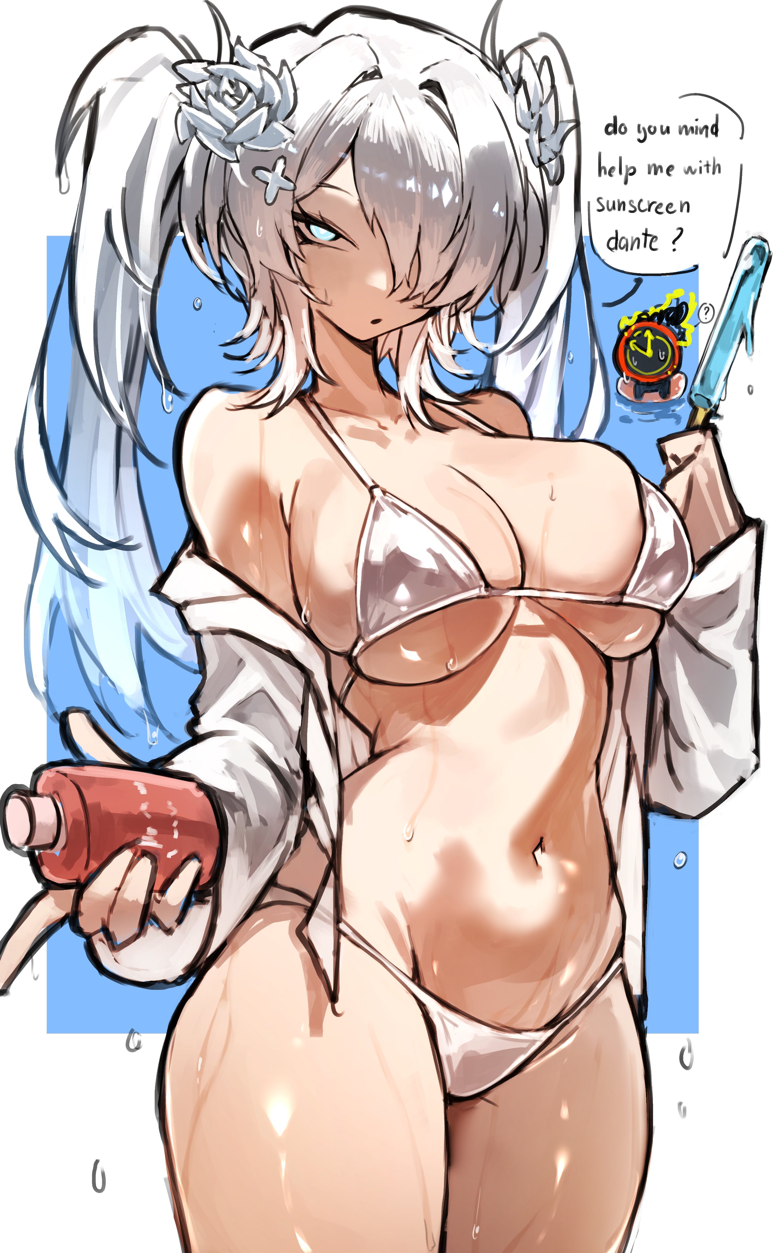 ?, 1girl, 1other, alternate hairstyle, big breasts, bikini, blue eyes, breasts, cinderella (nikke), cinderella (nikke) (cosplay), clock, collarbone, cosplay, cowboy shot, dante (limbus company), english text, faust (limbus company), flower, flower in hair, hair flower, hair ornament, hair over one eye, holding popsicle, holding sunscreen, limbus company, long hair, looking at viewer, nikke, object head, one eye covered, pale skin, pale-skinned female, panties, popsicle, popsicle melting, project moon, shigezie, shirt, simple background, speech bubble, spoken question mark, sunscreen, twintails, wet, white bikini, white hair, white panties, white shirt