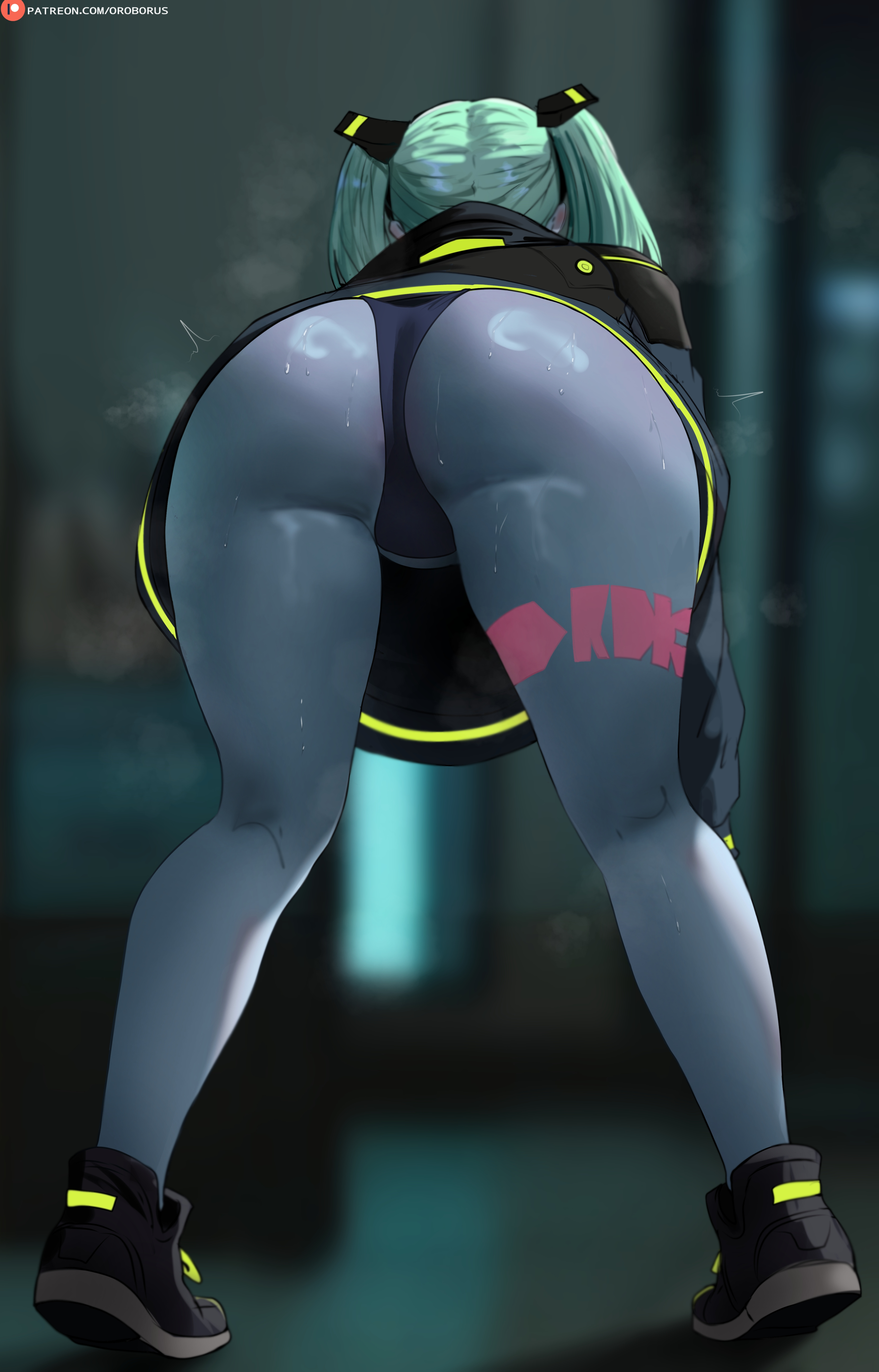 absurd res, back view, black panties, clothing, cyberpunk: edgerunners, female, footwear, highres, human, jacket, nonsexual, oroborusart, outerwear, pale skin, panties, rebecca (edgerunners)