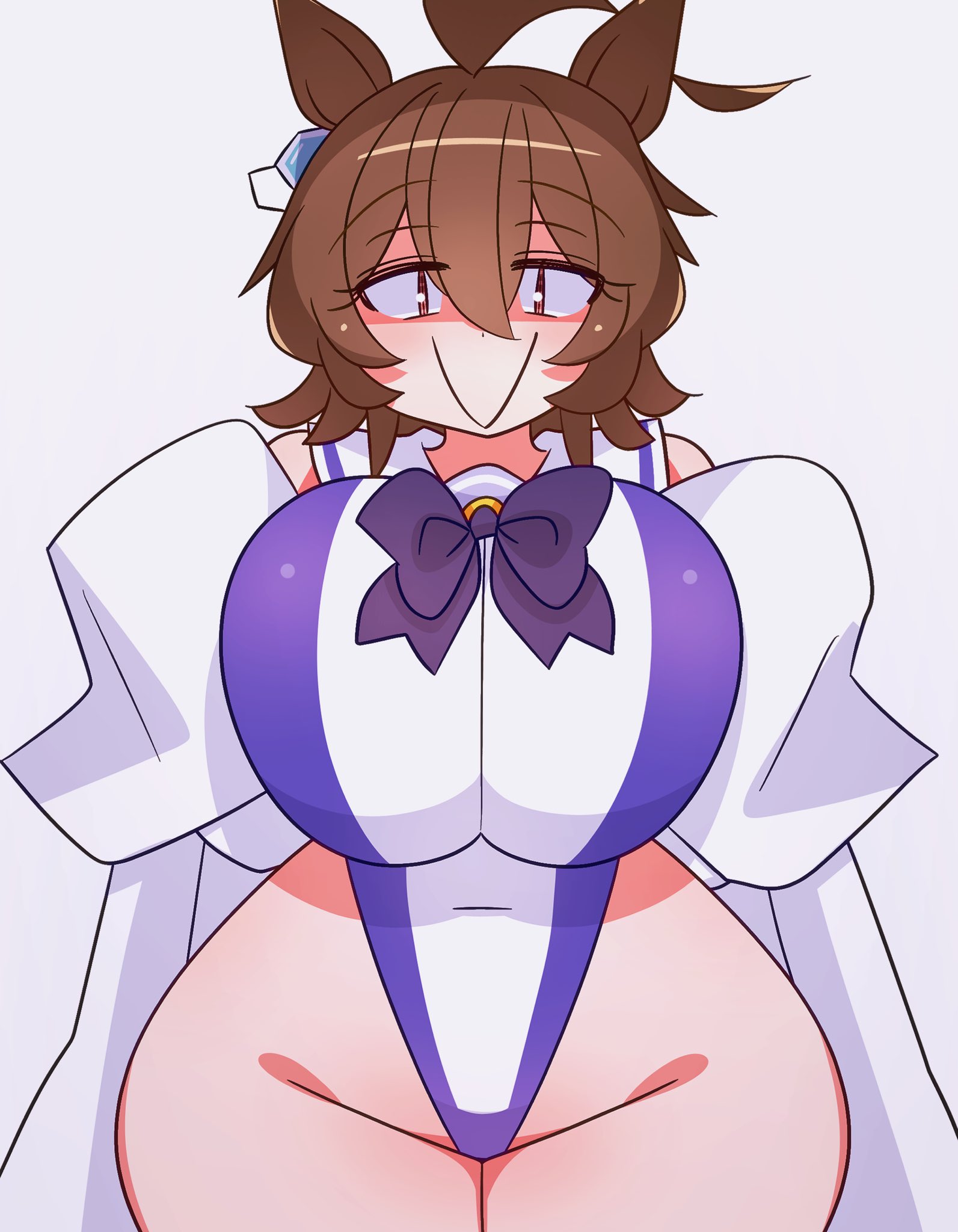 :>, 2026, 2d, 2d (artwork), agnes tachyon (umamusume), animal ears, big breasts, boobs, breasts, brown hair, coat, color, colored, cygames, digital media (artwork), front view, hair, hi res, horse ears, huge breasts, kaijin debeso, large breasts, light skin, light-skinned female, looking at viewer, partially clothed, simple background, smile, thick thighs, thighs, tits, umamusume, umamusume pretty derby, white background, wide hips