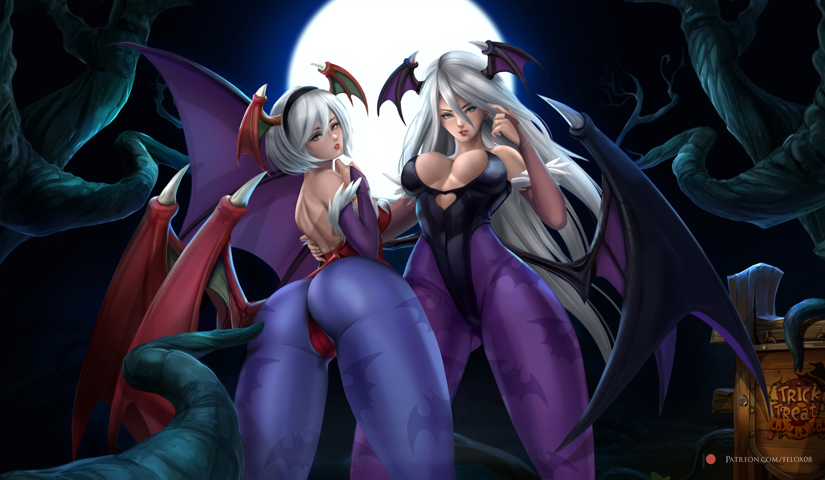 2girls, ass, back view, breasts, capcom, cleavage, clothed, clothing, cosplay, darkstalkers, demon, felox08, female, from below, hairband, halloween, lilith aensland (cosplay), looking at viewer, looking back, looking down, medium breasts, moon, morrigan aensland (cosplay), nier, nier: automata, night, outdoors, pose, short hair, small breasts, square enix, succubus, tree, very long hair, white hair, yorha 2b, yorha a2
