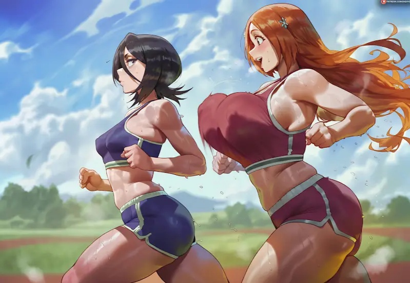 ai generated, bleach, breast envy, inoue orihime, jogging, kuchiki rukia, long hair, multiple girls, orihime inoue, rukia kuchiki, running, shexyo, short hair