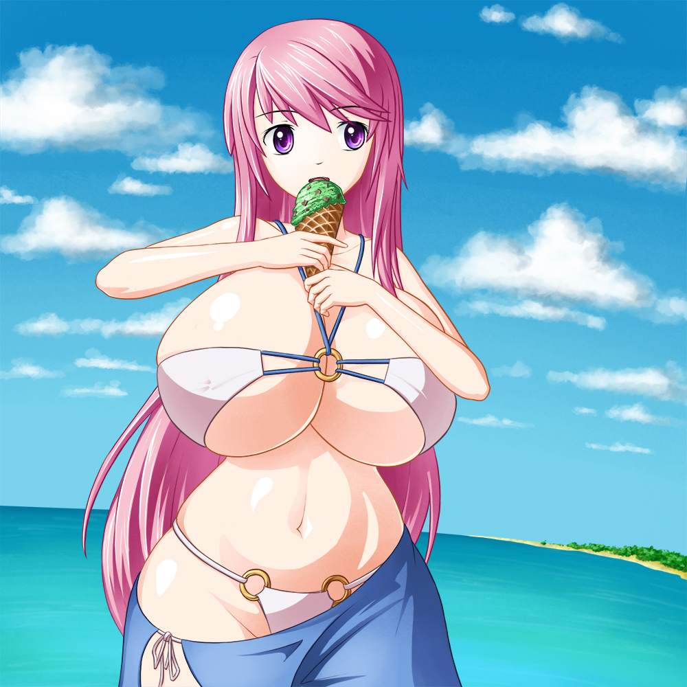 beach bikini cleavage clouds female female huge_breasts ice_cream isel long_hair navel oc pink_hair purple_eyes sideboob swimsuit tagme thick underboob wide_hips