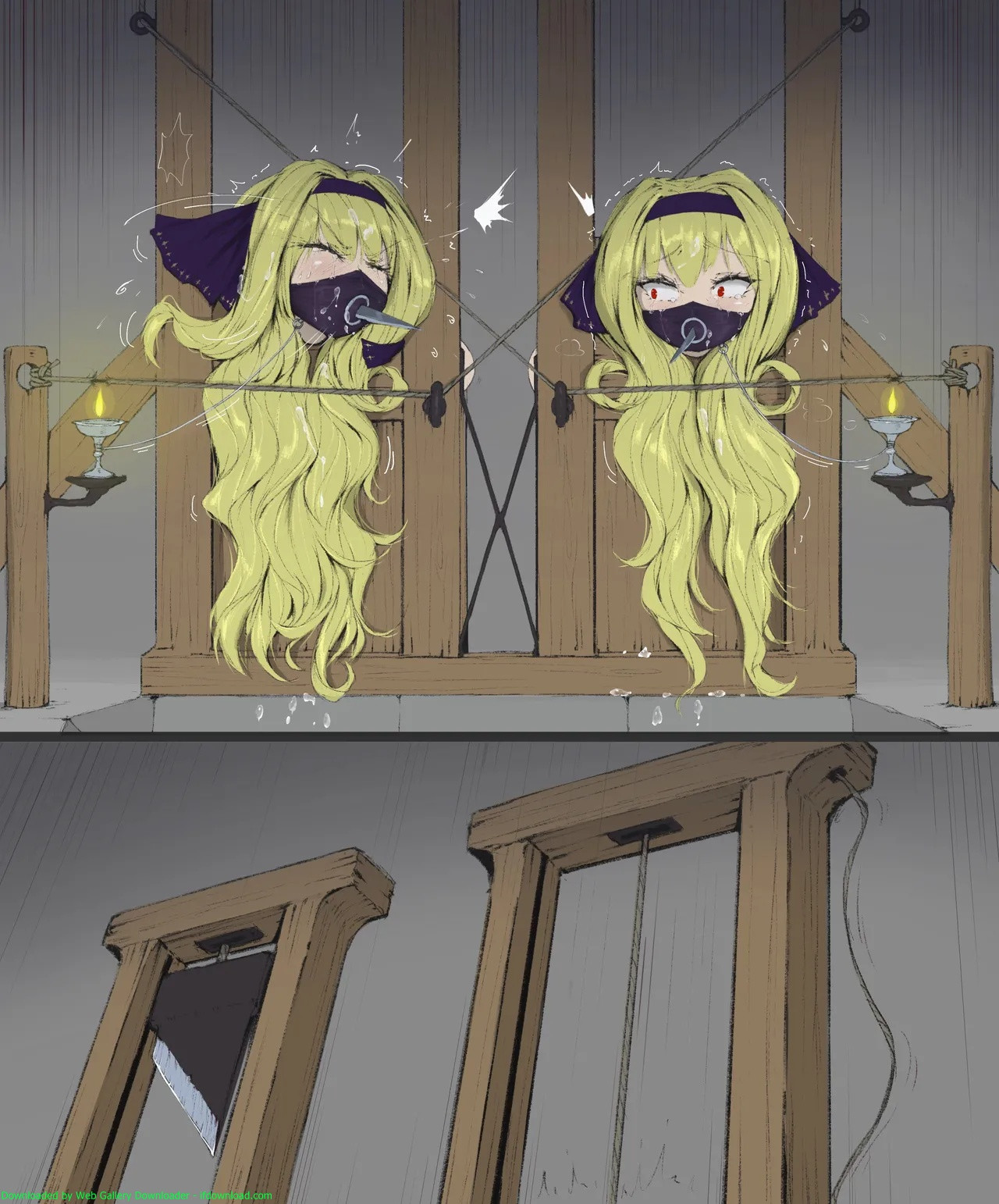 2girls, ameng, blonde hair, frightened, guillotine, helpless female, imminent death, peril, predicament bondage, red eyes, snuff