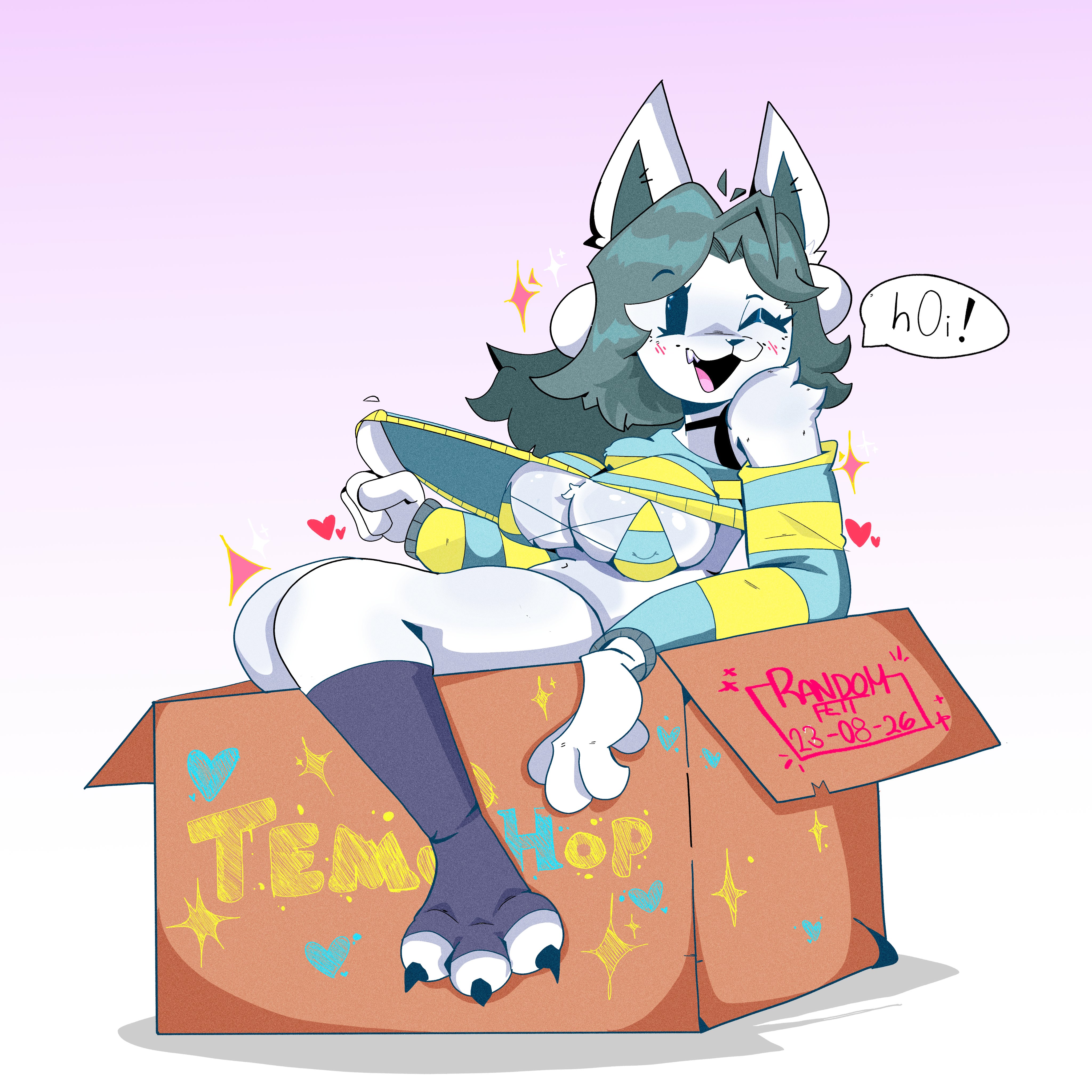 blush, bra, breasts, cat ears, cat girl, fangs, grey hair, heart, large breasts, long hair, looking at viewer, navel, randomfett, relaxed, shirt, shirt lift, sitting, slim waist, socks, sparkles, speech, speech bubble, tagme, temmie (undertale), thick thighs, undertale (series), underwear, voluptuous, white fur, wink, winking at viewer
