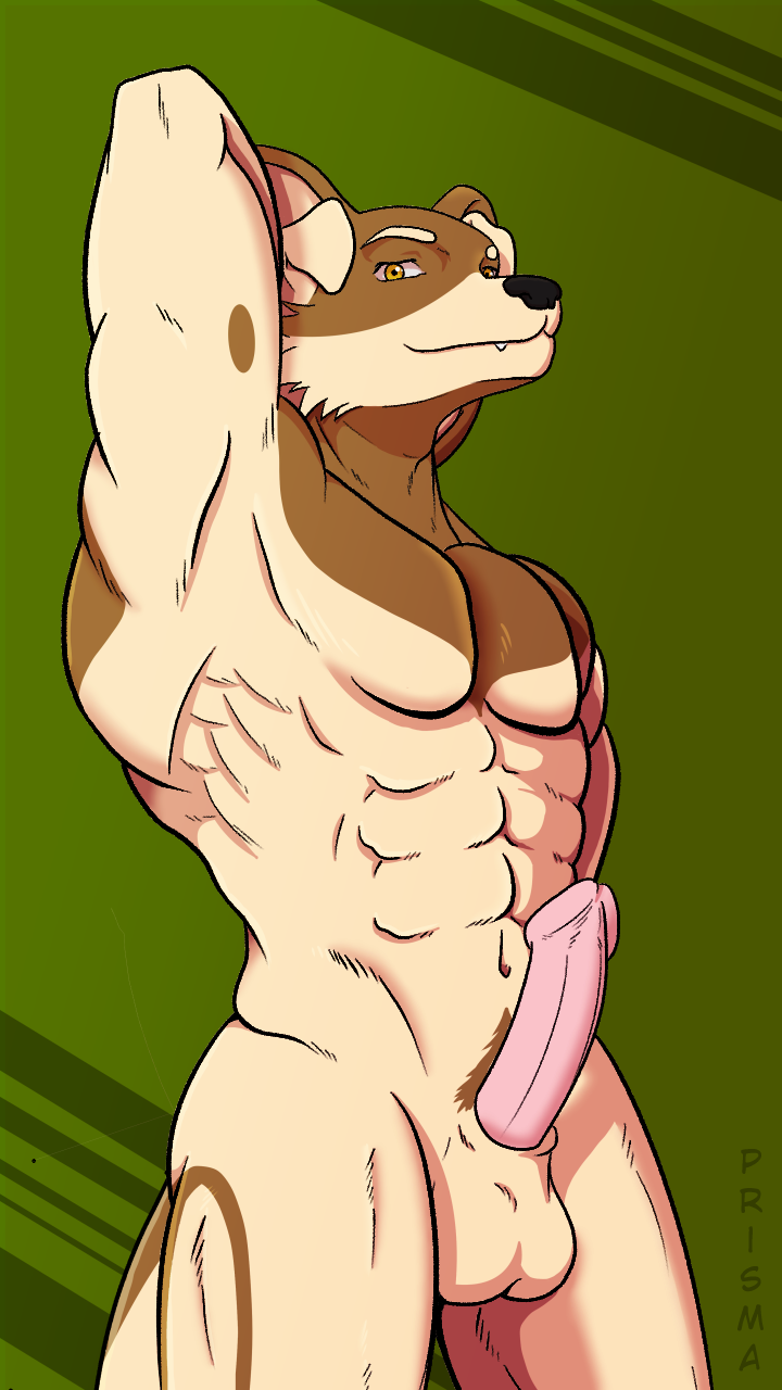 9:16 abs animal_genitalia anthro balls biceps canid canine digital_media_(artwork) erection floyd fur genitals hi_res hybrid looking_at_viewer male male_only mammal muscular muscular_anthro muscular_male nude penis prismanoodle_(artist) sheath simple_background smile solo