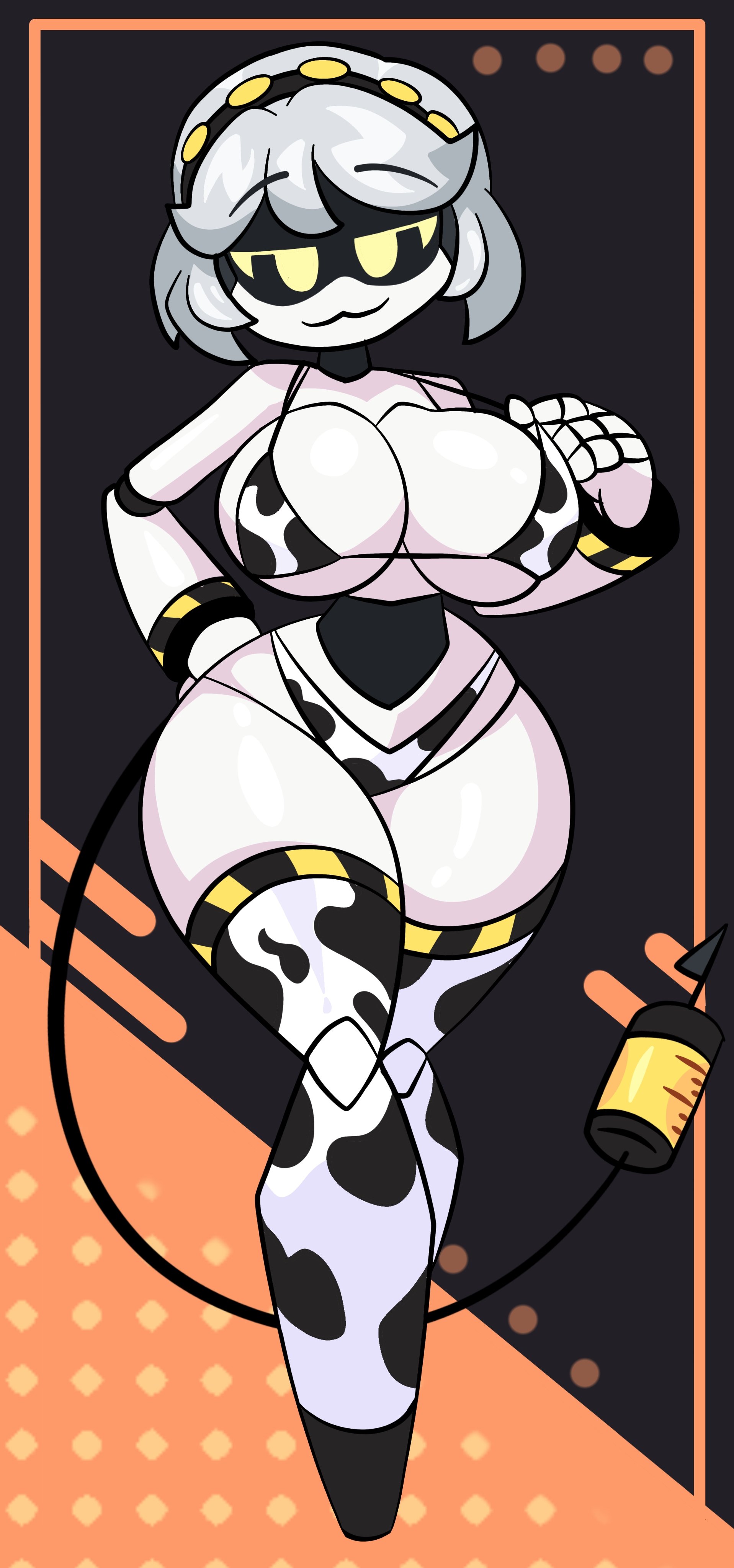 :3, 1girls, alternate version at source, artist request, bedroom eyes, bikini, breasts, cow print, cow print bikini, cow print thighhighs, female, female focus, female only, glitch productions, hairband, half-closed eyes, large breasts, looking at viewer, murder drones, robot, robot girl, screen eyes, short hair, smile, tagme, tail, thick thighs, thighhighs, v (murder drones), white hair, white skin, wide hips, yellow eyes