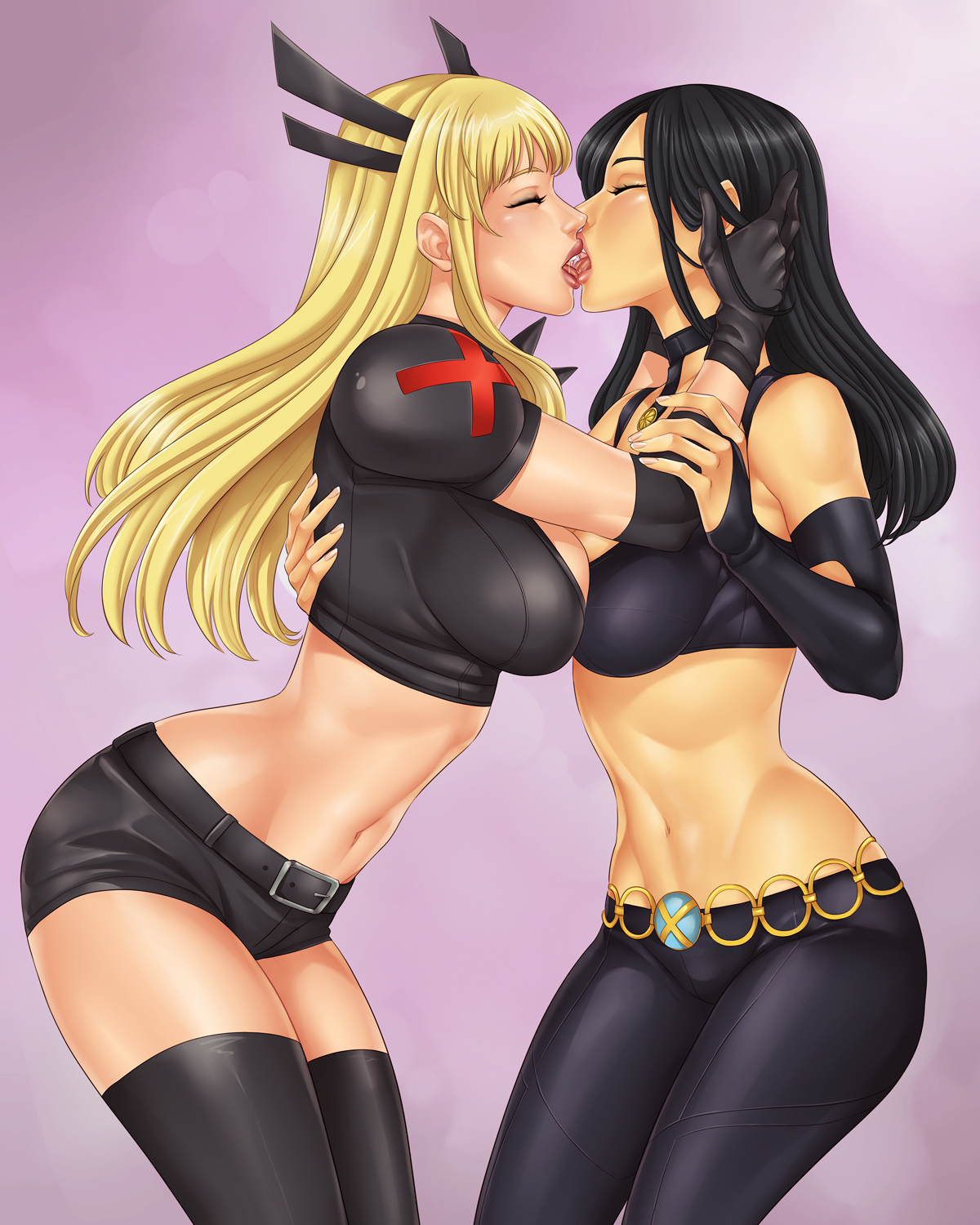 2girls, ass, athletic, athletic female, big ass, big breasts, big butt, black hair, blonde hair, breasts, bubble ass, bubble butt, bust, busty, clothing, commission, curvaceous, curves, curvy, curvy body, curvy female, curvy figure, curvy hips, female, female focus, female only, french kiss, fully clothed, hair, hips, hourglass figure, huge ass, huge breasts, kissing, large ass, large breasts, laura kinney, legs, linart, long hair, lower body, magik (illyana rasputin), marvel, marvel comics, mutant, revealing clothes, stockings, superheroine, thick ass, thick legs, thick thighs, thighs, thong, upper body, voluptuous, wide hips, x-23, x-men, yuri