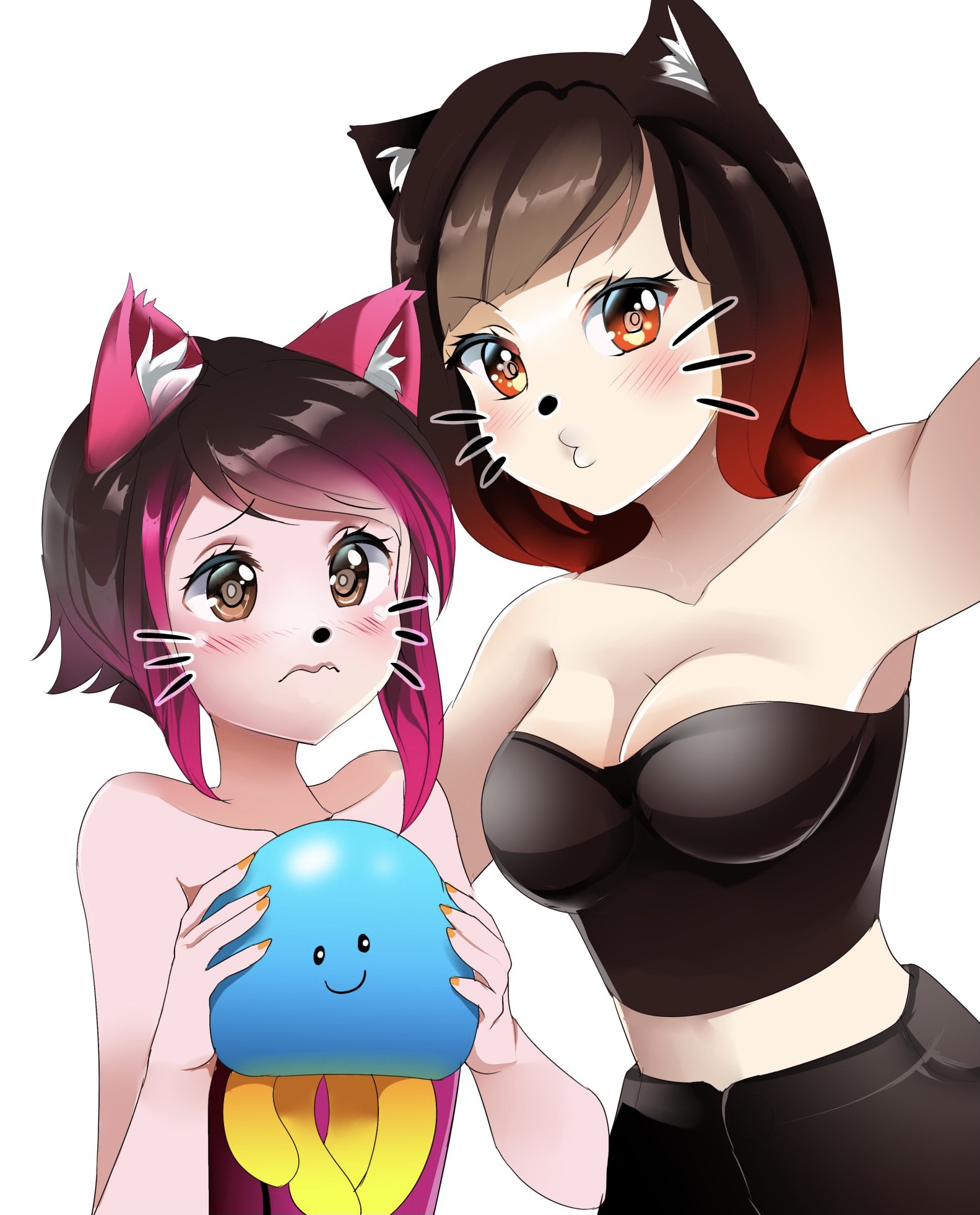 2girls, black clothing, black crop top, black hair, black pants, blush, breasts, brown eyes, cat ears, cat whiskers, cleavage, clothed, clothed female, crop top, duo, female, female only, fierzaa, gradient hair, holding object, light skin, light-skinned female, long hair, looking at viewer, medium breasts, nervous, orange eyes, orange nails, painted nails, pale skin, pale-skinned female, pink clothing, pink hair, pink topwear, rasta (rastamypasta), rastamypasta, rastapasta, red hair, roblox, roblox avatar, roblox developer, robloxian, selfie, sfw, short hair, simple background, stomach, two-tone hair, white background