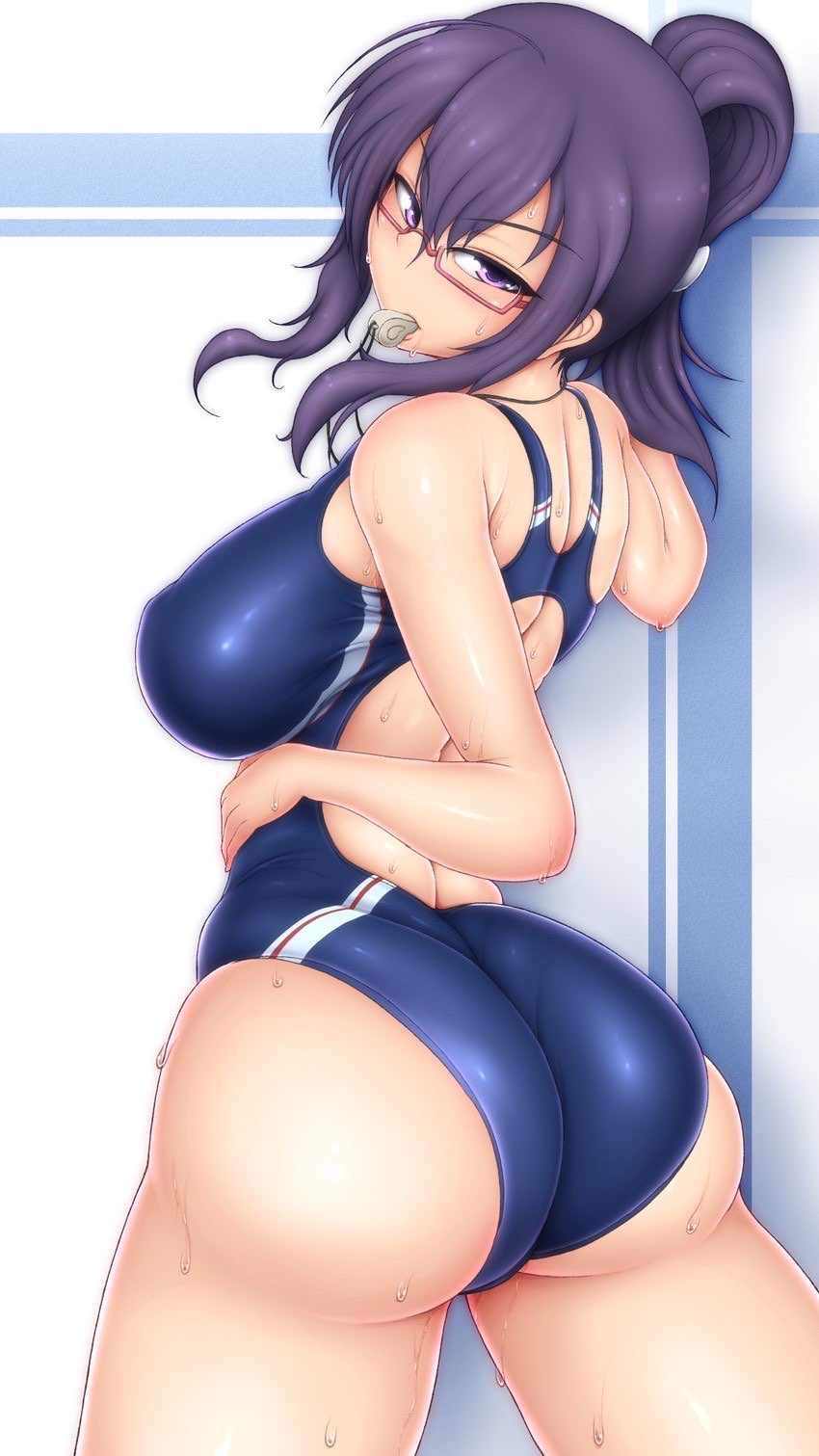 1girls big_breasts big_butt butt butt_crack eyewear glasses one-piece_swimsuit ponpo purple_hair rin_(senran_kagura) suzune_(senran_kagura) swimsuit whistle whistle_around_neck whistle_in_mouth