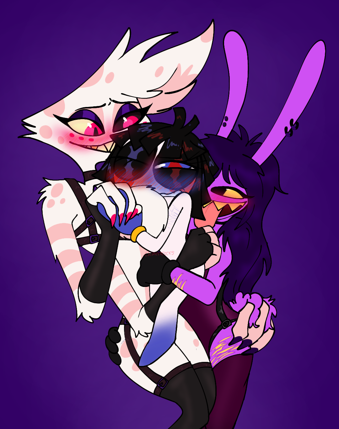 2girls1boy, angel dust (hazbin hotel), blush, blushing profusely, chimeracocks, female jax, gooseworx's post-transition jax design, hazbin hotel, height difference, imminent sex, jax (the amazing digital circus), lingerie, male focus, nude female, pomni (the amazing digital circus), sandwich position, sandwiched, size difference, straight, the amazing digital circus, trans (lore), voice actor connection