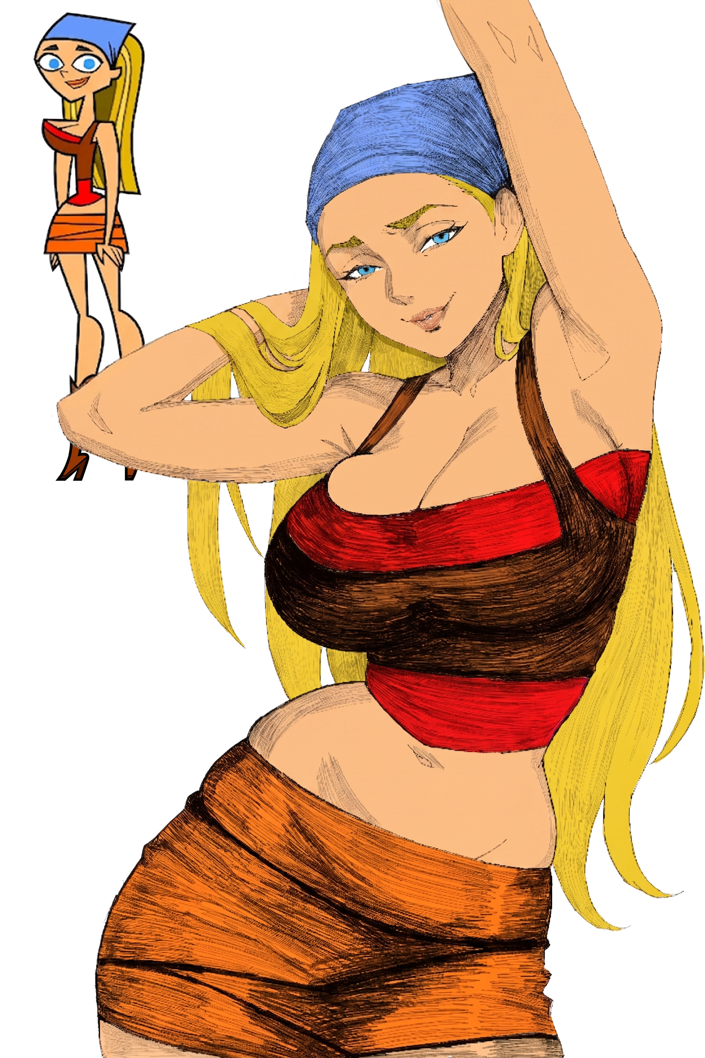 arm up, armpits, big boobs, big breasts, big tits, blonde, blonde female, blonde hair, blonde hair female, blonde-haired female, blue eyes, breasts bigger than head, cartoon network, crop top, cropped legs, hex mamaniac, high heels, huge boobs, huge breasts, huge tits, kerchief, large boobs, large breasts, large tits, lindsay (tdi), lips, long hair, looking at viewer, navel, one eye closed, orange skirt, reference image, sketch, skirt, total drama island, white background