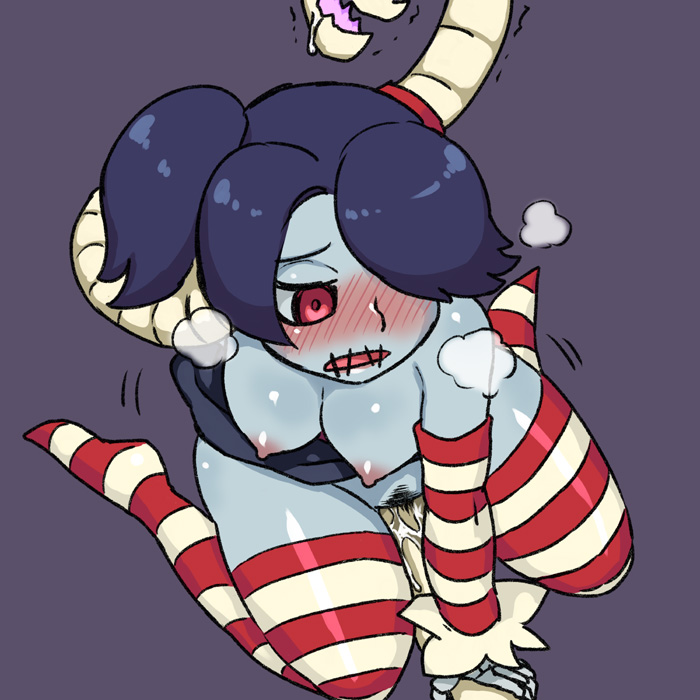 1girls, breasts, breasts out, cute, dark hair, female, heavy breathing, leviathan (skullgirls), red eyes, skullgirls, squigly, stitched mouth, striped, striped clothing, striped legwear, tagme, thighhighs, thighs, visible breath