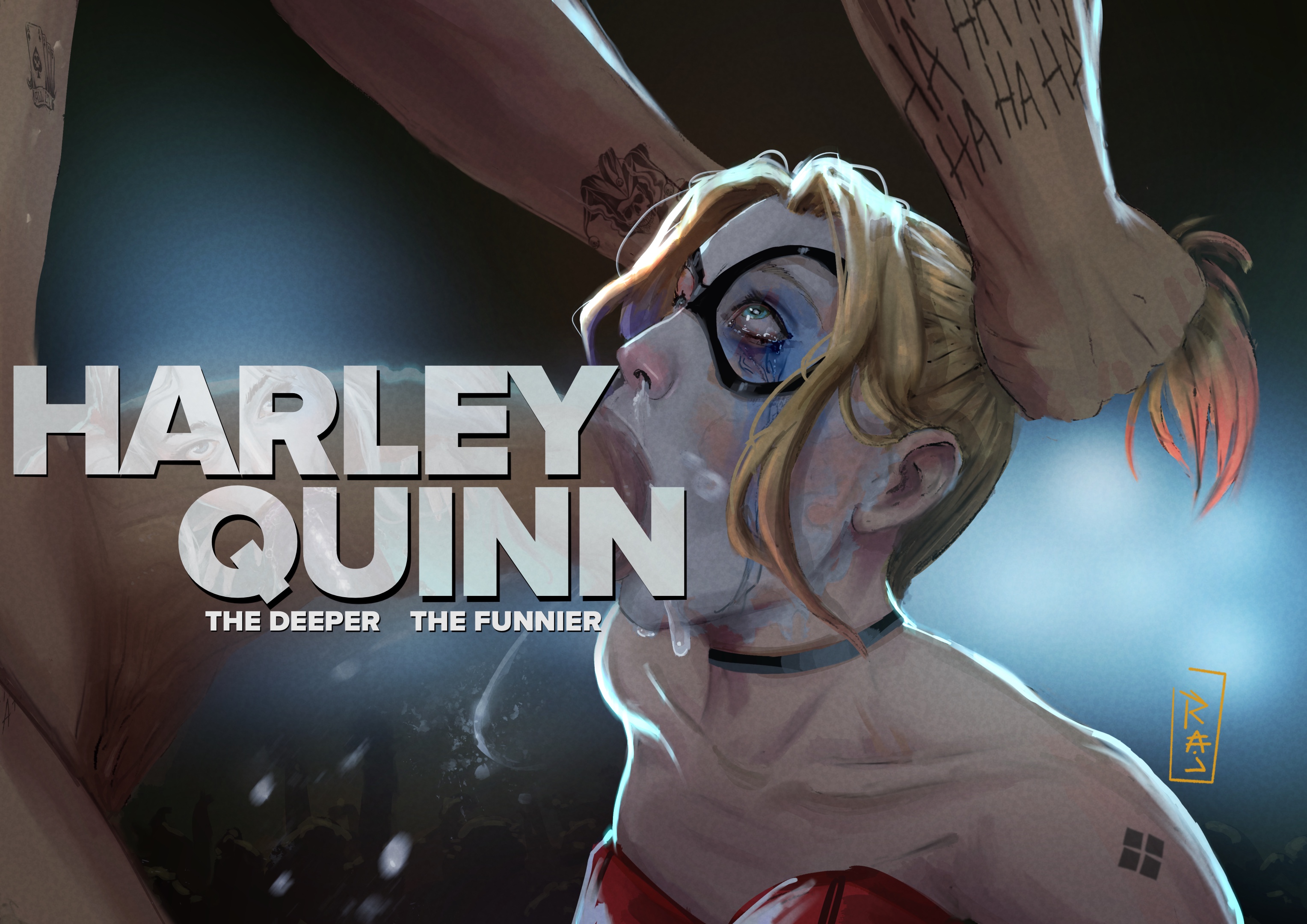 censored, dc comics, deepthroat, female, harley quinn, joker, rajdraw, text