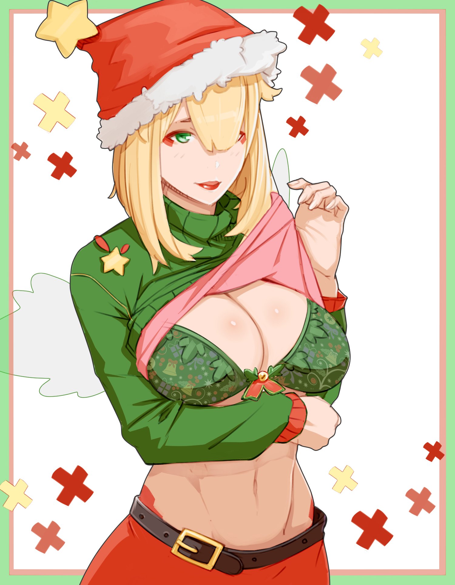 1girls, breasts, christmas outfit, cleavage, female, female focus, female only, human, human only, ictiwinter, materclaws, presenting breasts, presenting cleavage, questionable, solo, solo focus, twitter, twitter username
