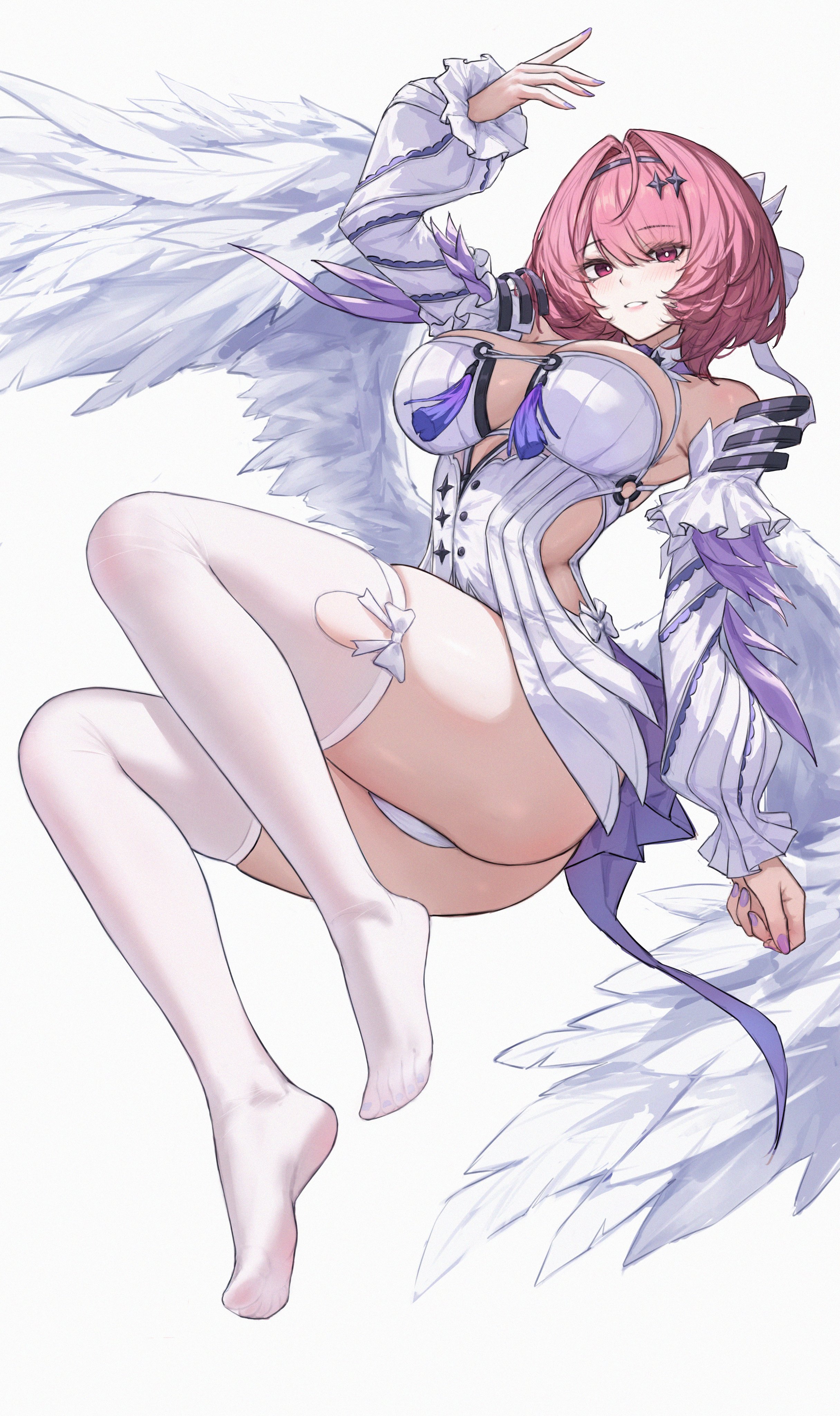 1girls, big breasts, breasts, breasts out, colored nails, dress, exposed breasts, female, large breasts, long nails, painted nails, panties, pantyshot, pantyshot (sitting), pink hair, purple eyes, purple nails, remielle (zenless zone zero), remielle dan, short hair, underwear, white dress, white panties, white underwear, white wings, wings, zenless zone zero