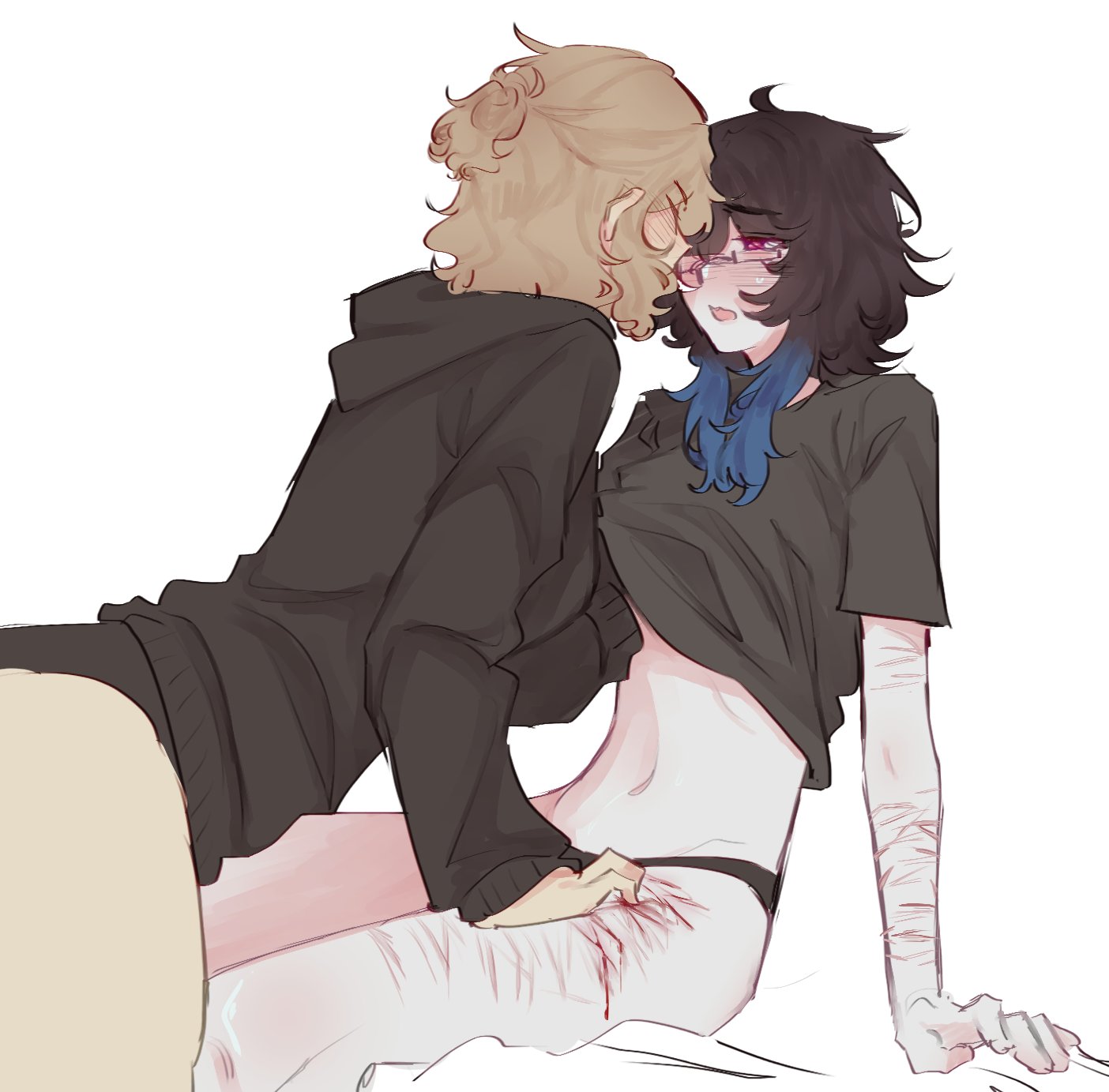 2girls, black hair, bleeding, blonde hair, blood, blue highlights, blush, blushing, clothed, clothed female, color, colored, female, female only, female/female, glasses, grabbing another's breast, groping, groping breasts, half updo, hand under clothes, hand under shirt, hoodie, lesbian, light skin, light-skinned female, long hair, mostly clothed, mostly clothed female, multicolored hair, original, original character, original characters, panties, pockiseisont, ponytail, scars, scars all over, self harm scars, simple background, solid color background, t-shirt, t-shirt lift, toxic yuri, white background, yuri