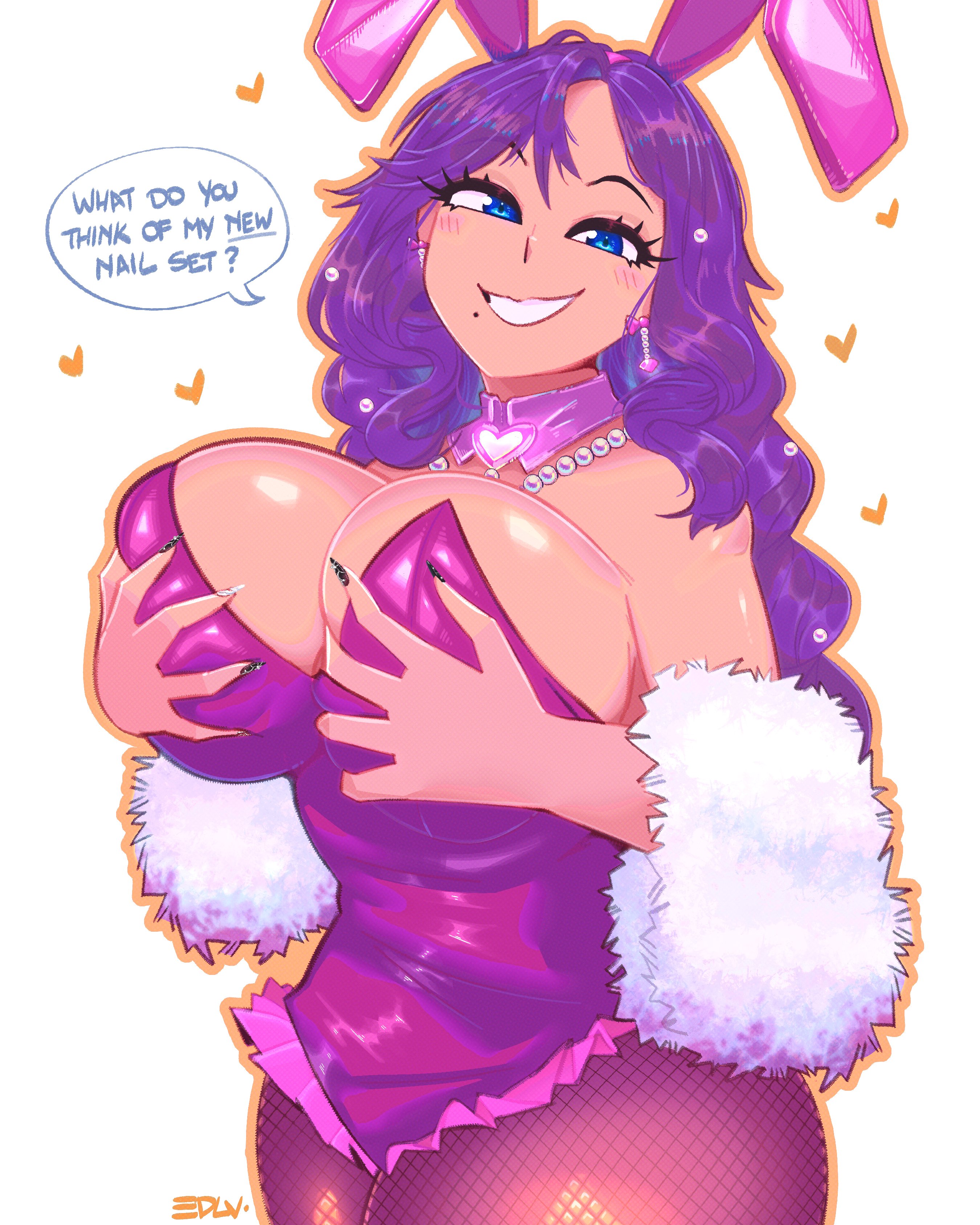 1girl, 1girls, absurdres, animal ear hairband, animal ears, big breasts, black nails, blue eyes, breasts, bunnysuit, cha cha (vtuber), cleavage, collar, dark skin, dark-skinned female, detached collar, earrings, edalv, edolov, english text, fake animal ears, female, fishnet pantyhose, fishnets, frilled leotard, frills, grabbing own breast, grin, hairband, highres, huge breasts, indie virtual youtuber, jewelry, large breasts, leotard, long hair, massive breasts, mature, mature female, milf, mole, mole under mouth, mommy, mother, necklace, older female, pantyhose, pearl necklace, playboy bunny, purple collar, purple hair, purple leotard, rabbit ears, smile, solo, speech bubble, thick thighs, thighs, tits, virtual youtuber, vtuber, wavy hair, white background, white fur