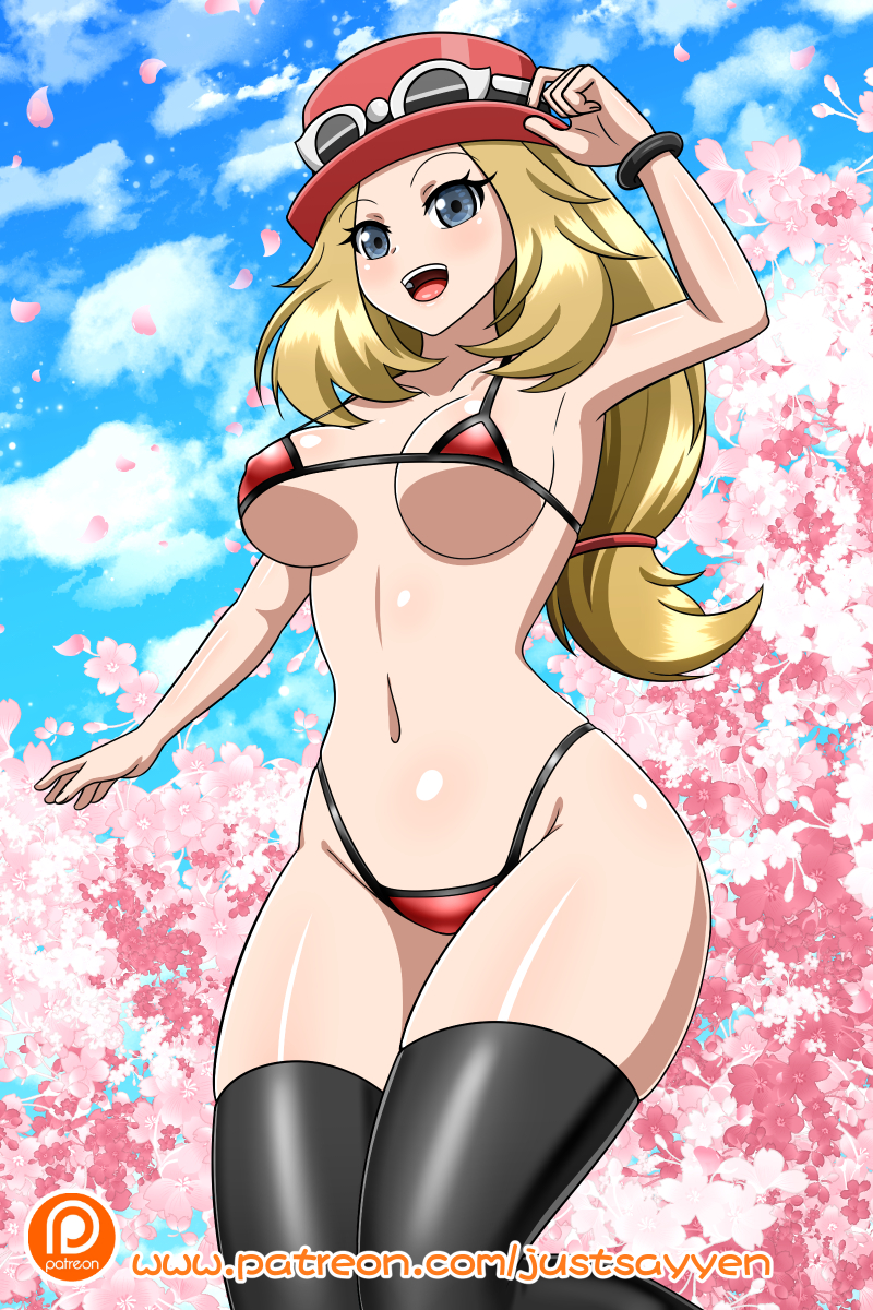 1girls bikini blonde_hair blue_eyes blush breasts curvy_figure female glasses hat long_hair micro_bikini nintendo pokemon pokemon_xy serena_(pokemon) serena_(pokemon_games) solo sunglasses sunglasses_on_hat sunglasses_on_head thick_thighs thigh_gap thighhighs thighs yensh