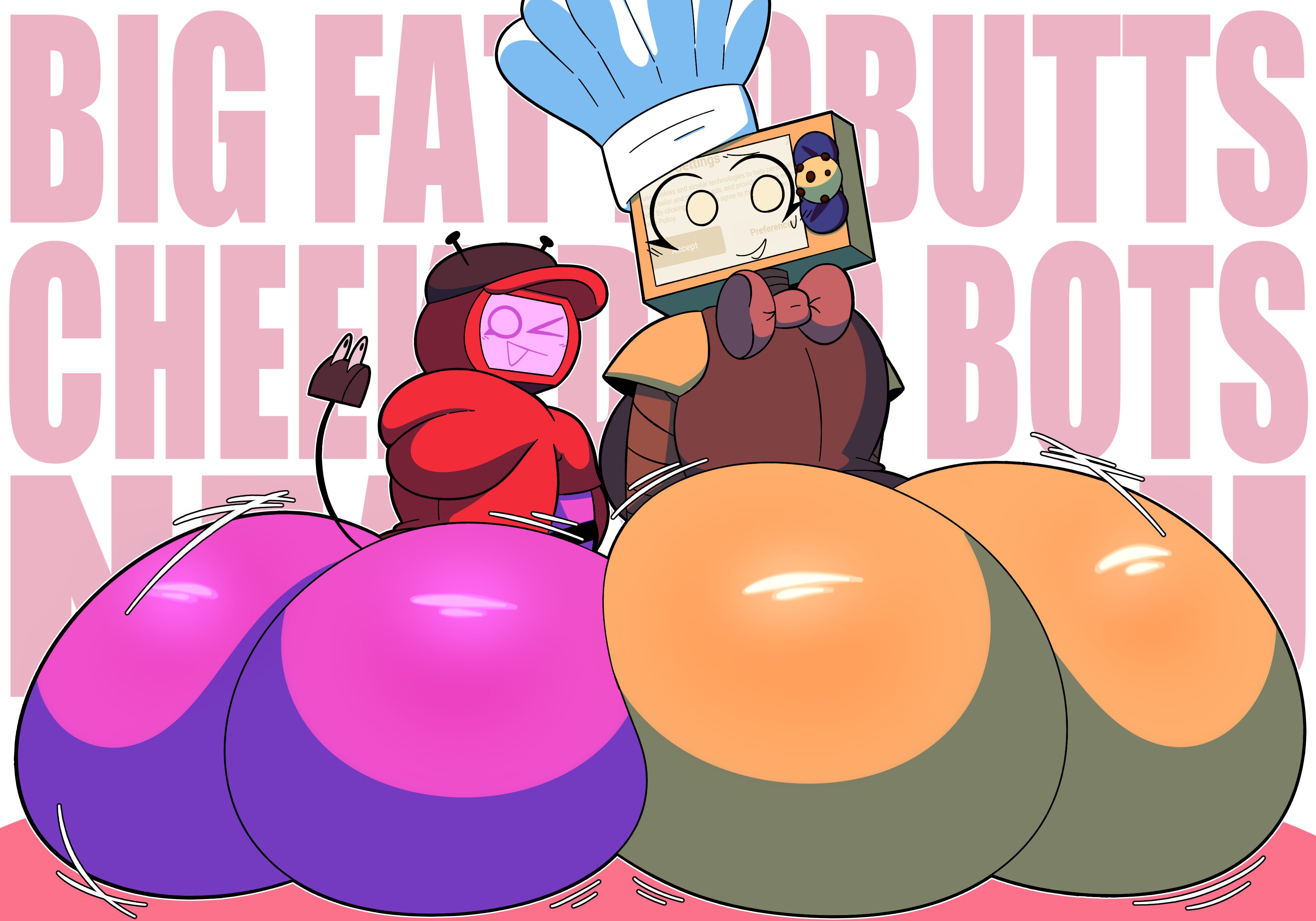 2girls, ass, ass focus, big ass, big butt, bottomless, butt, butt focus, cookieware (die of death), crossover, die of death, die of death (roblox), english text, fat ass, forsaken (roblox), looking at viewer, looking back, motion lines, nsfwfaun, roblox, roblox game, robloxian, robot, robot girl, screen face, text, tv head, veeronica