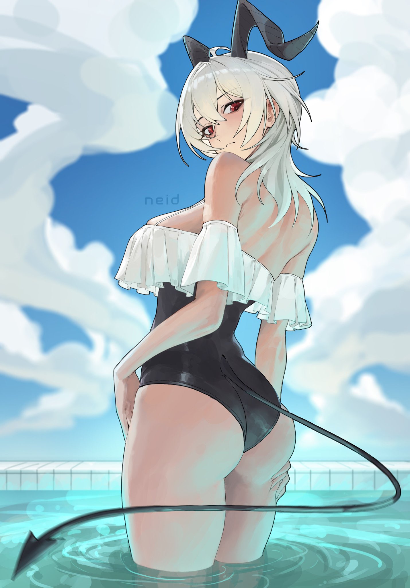 1girl, 1girls, artist name, artist request, back view, clouds, female, female focus, goat horns, hand on thigh, highres, looking at viewer, outdoors, partially submerged, pool, sky, solo, solo female, water, wuthering waves, zani (wuthering waves)