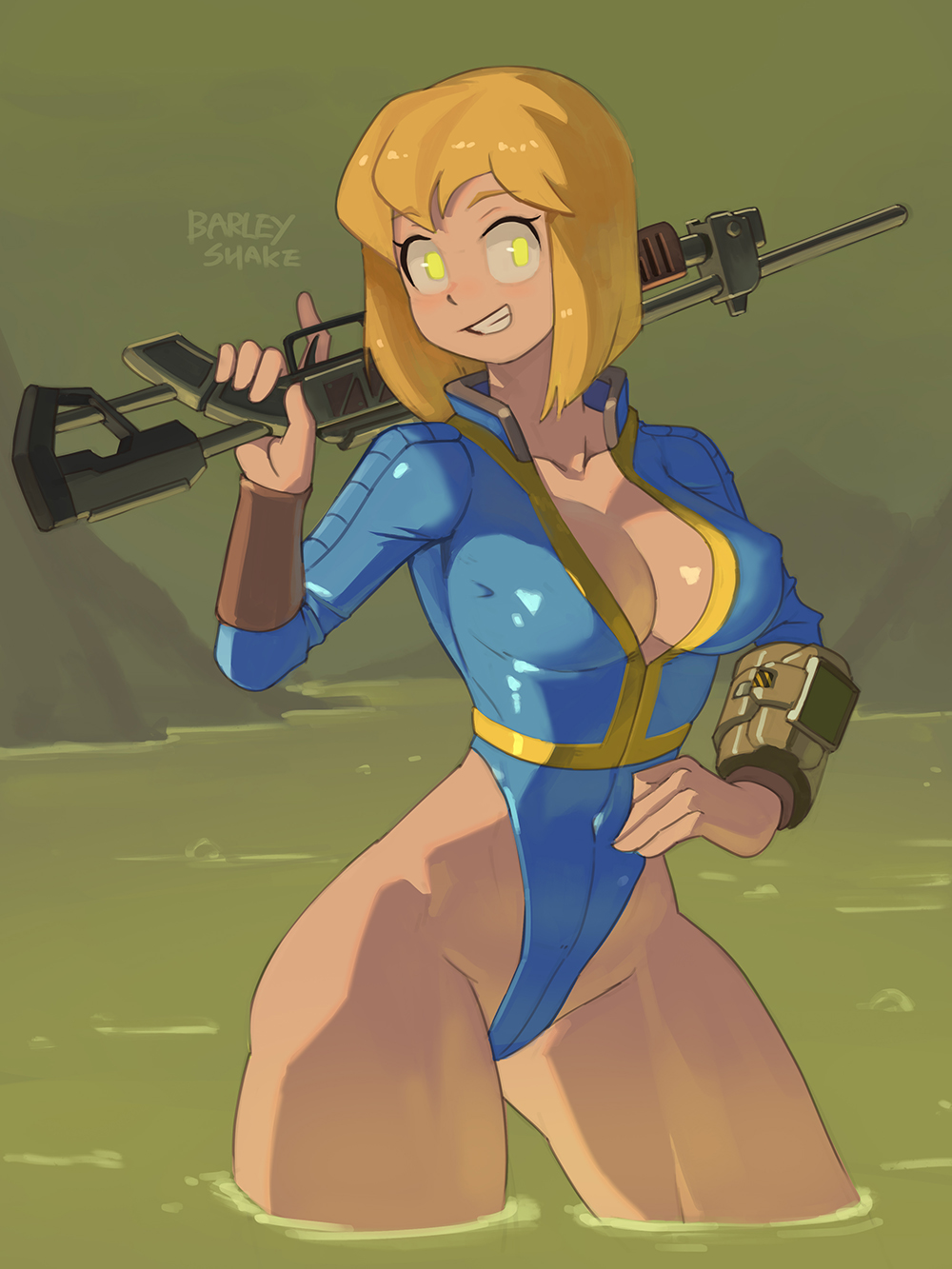 1girls artist_name athletic_female bare_thighs barleyshake bethesda_softworks big_breasts blonde_hair cleavage computer electronics fallout female female_only firearm glowing_eyes gun hourglass_figure large_breasts leotard light-skinned_female light_skin long_gun looking_at_viewer modeling outdoors pip-boy posing radioactive revealing_clothes rifle slim_waist solo standing standing_in_water swimsuit thick thick_thighs thighs tight_clothing vault_girl vault_suit water weapon weapon_on_back wristwear yellow_eyes