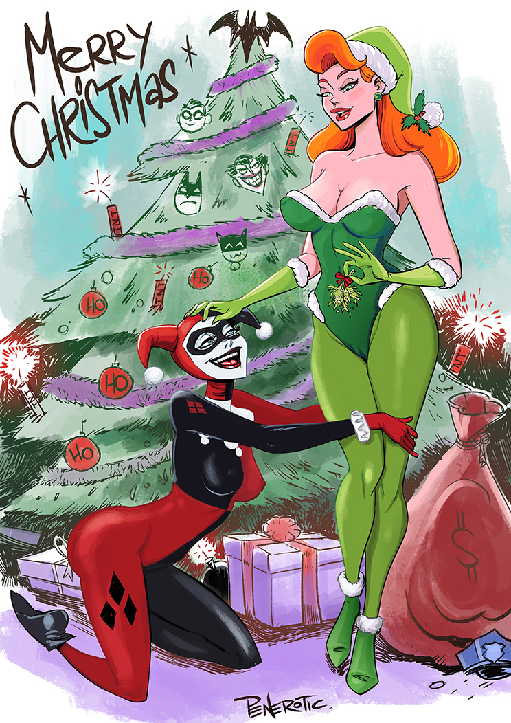 2girls bat batman:_the_animated_series batman_(series) big_breasts christmas christmas_tree cleavage clown_makeup dc_comics dcau female female_only harley_quinn harley_quinn_(classic) hips legs lips lipstick makeup multiple_girls orange_hair penerotic poison_ivy poison_ivy_(dcau) red_hair red_lips red_lipstick smutoons supervillain thighs tree white_body white_skin