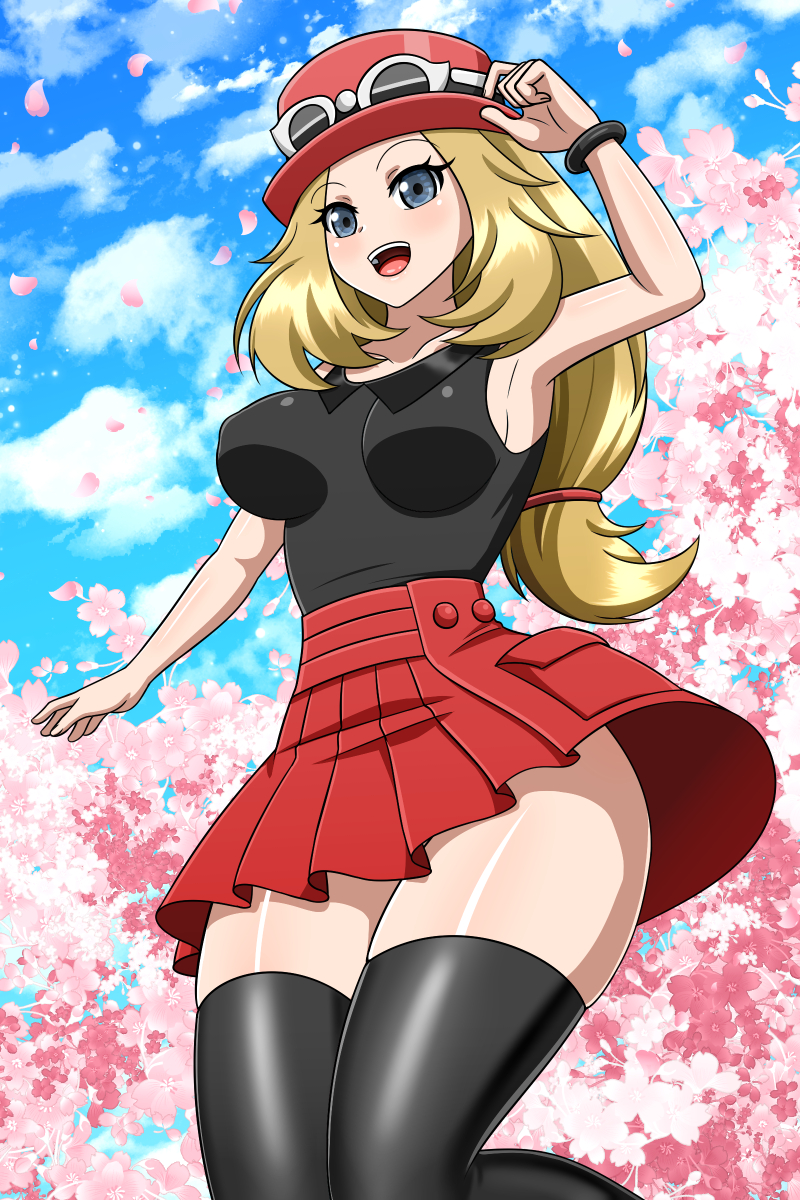 1girls blonde_hair blue_eyes blush breasts curvy_figure female fully_clothed glasses hat long_hair nintendo pokemon pokemon_xy serena_(pokemon) serena_(pokemon_games) skirt solo sunglasses sunglasses_on_hat sunglasses_on_head thick_thighs thigh_gap thighhighs thighs yensh