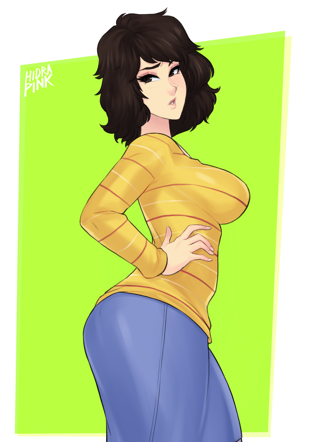 1girls, alternate version available, artist name, ass, black eyes, black hair, blue skirt, breasts, brown hair, brunette, clothed, clothed female, eyelashes, female, female focus, female only, fully clothed, green background, hand on hip, hidrapink, high resolution, highres, looking at viewer, looking back, medium breasts, medium hair, megami tensei, modeling, pale skin, parody, persona, persona 5, photo, posing, sadayo kawakami, simple background, small mouth, solo, solo female, solo focus, standing, twitter, twitter username, white background, yellow shirt
