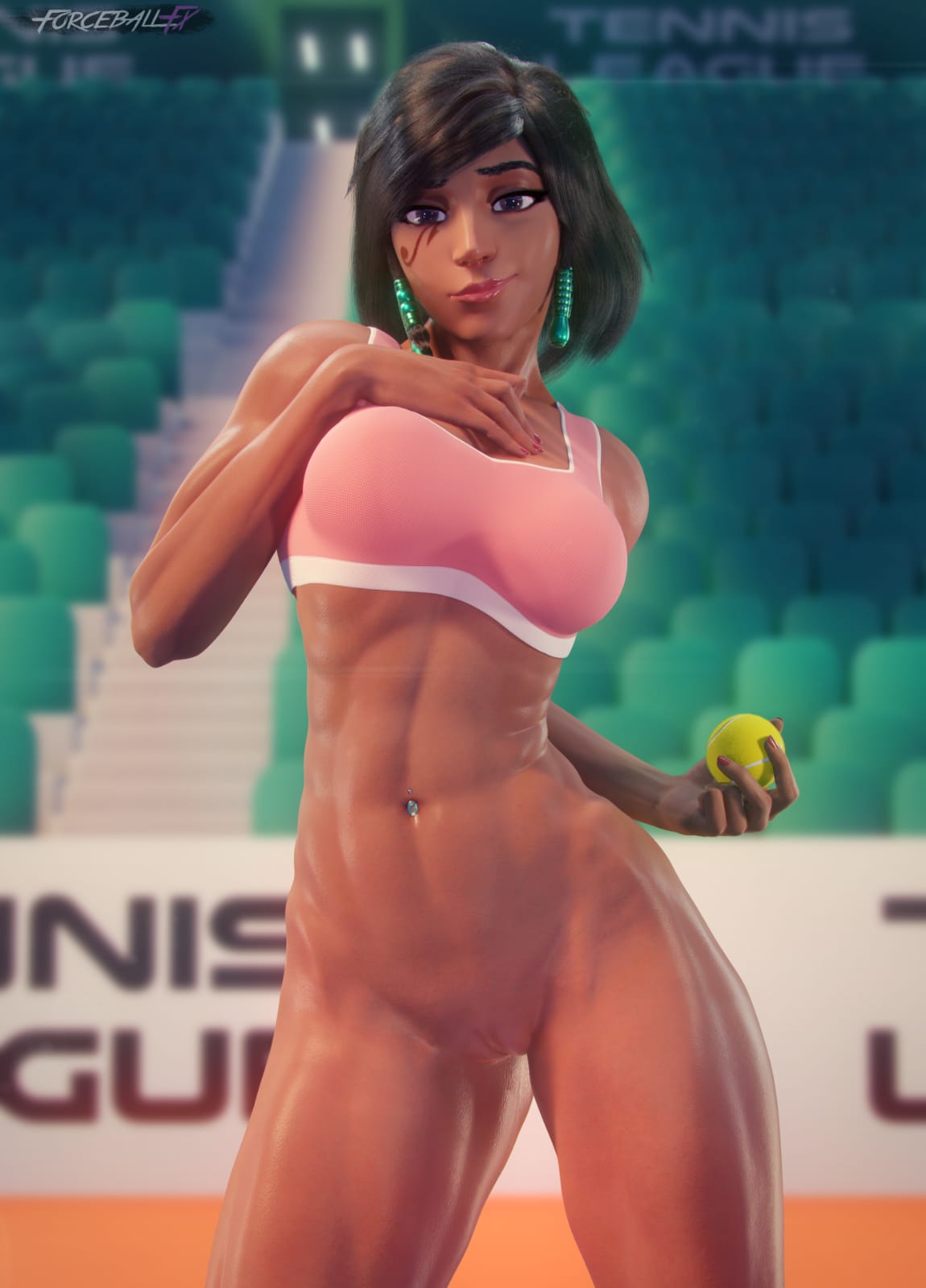 1girls, 3d, abs, alternate breast size, areolae, big breasts, blender, breasts, dark skin, dark-skinned female, female, female only, female torso, forceballfx, hairless pussy, large breasts, muscles, muscular, muscular female, net, nipples, overwatch, pharah, pierced nipples, pussy, skindentation, solo, tennis, tennis ball