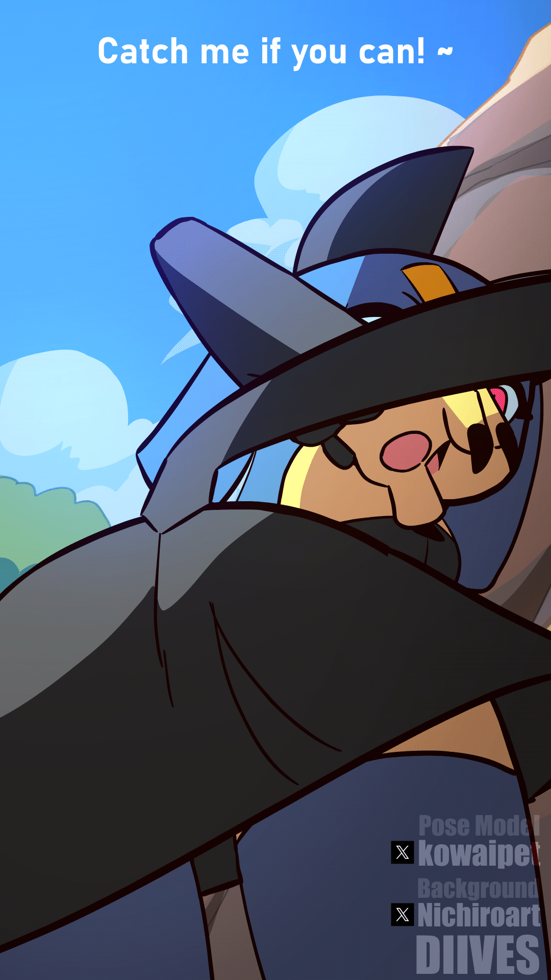 2026 animated animated_gif anthro biped black_body black_ears black_fur black_tail blue_hair butt cute_fangs diives fangs female female_anthro fur hair hi_res multicolored_body multicolored_fur open_mouth pal_(species) palworld pocketpair red_eyes sekhmet_(pal) short_playtime solo standing tail teeth tongue yellow_body yellow_fur