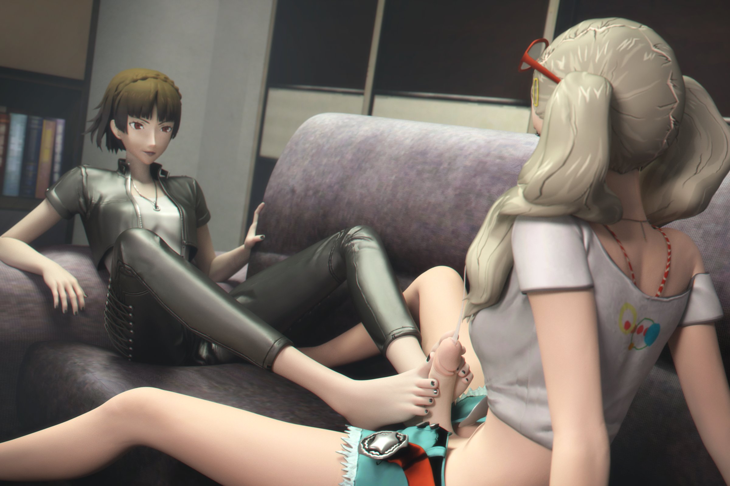 1futa, 2girls, ann takamaki, barefoot, black toenails, blonde hair, brown hair, clothed, cum, dawadd, ejaculation, feet, female on futa, femdom, foot fetish, footjob, futa on female, futanari, futasub, light-skinned female, light-skinned futanari, looking pleasured, makoto niijima, painted toenails, persona, persona 5, red eyes, toejob