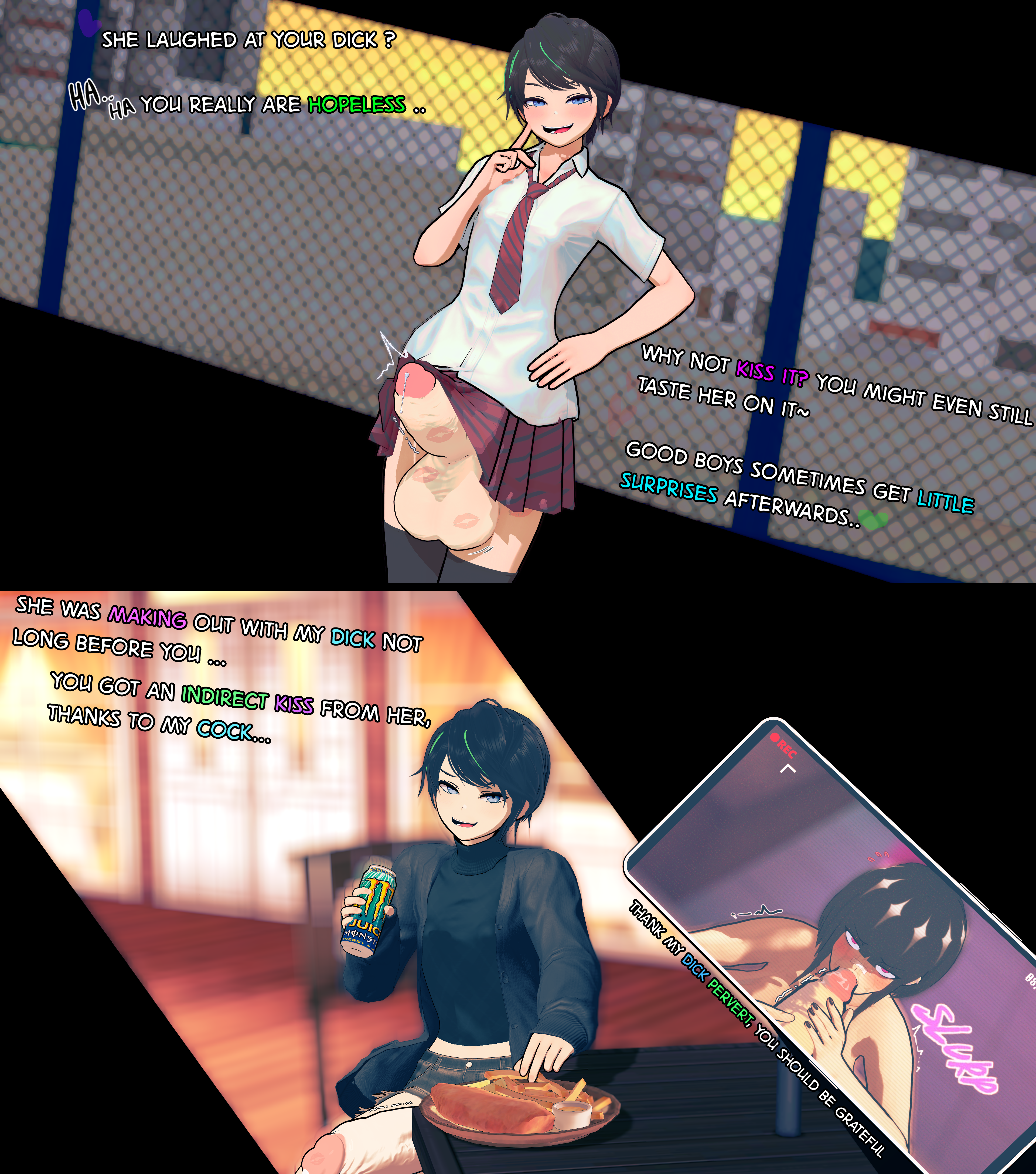 14inchforearm, blowjob, cucked by femboy, hung femboy, hung trap, koharu (14inchforearm), lirian (iyarin), looking at viewer, teasing, teasing viewer, uniform