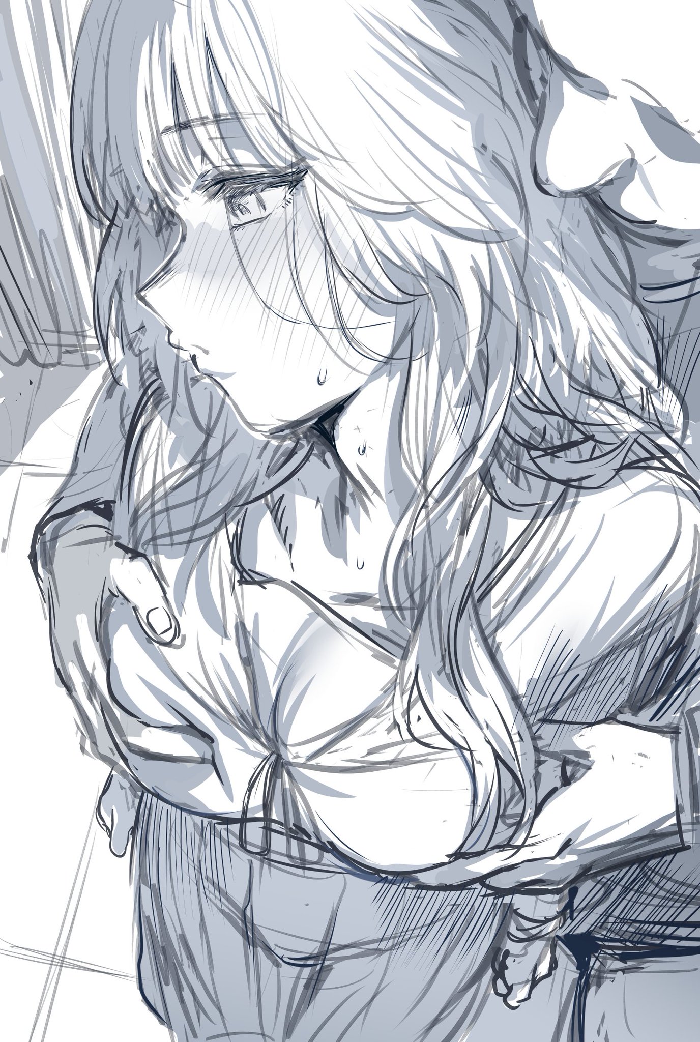 1boy, 1girl, 1girls, big boobs, big breasts, big tits, black and white, blush, blush lines, blushing, blushing at viewer, blushing female, cropped legs, dress, female, female focus, grabbing, grabbing another's breast, grabbing from behind, greyscale, groping, groping breasts, groping from behind, hews hack, kaoru hana wa rin to saku, kaoruko waguri, large boobs, large breasts, large tits, long hair, looking away, male, school uniform, unseen male face, waguri kaoruko, wavy hair