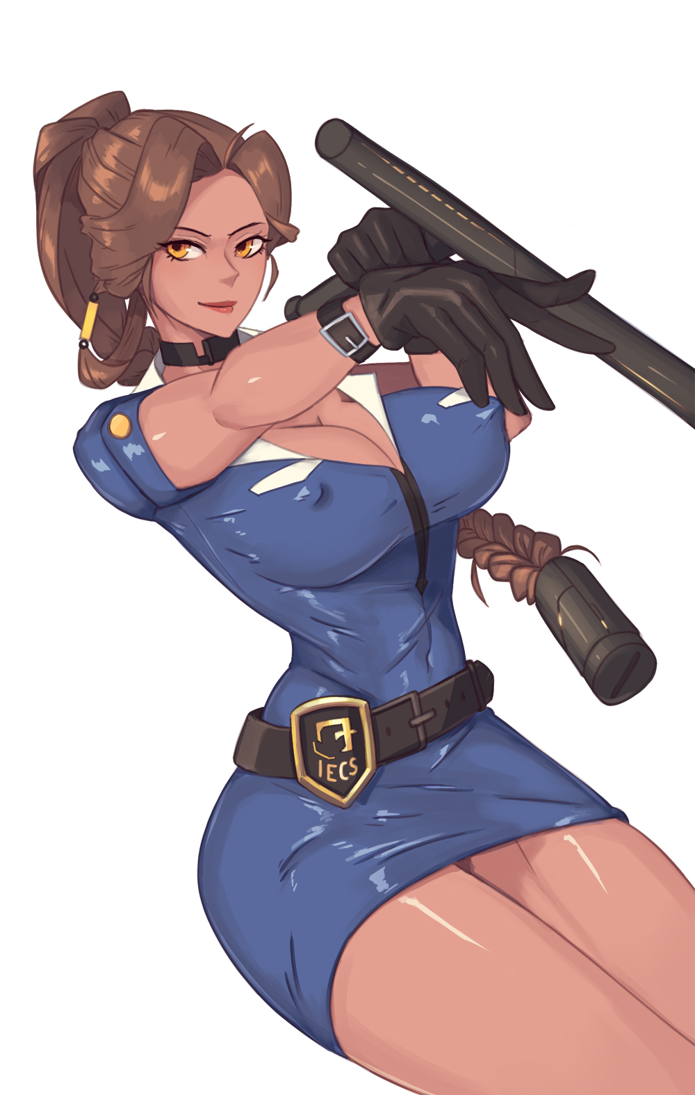 barleyshake, baton, brown hair, cleavage, dark skin, dark-skinned female, dress, erect nipples under clothes, female, last origin, looking at viewer, miss safety, nightstick, parody, police, police badge, police uniform, policewoman, posing, shiny clothes, shiny skin, short dress, simple background, tied hair, toned, twitter, white background