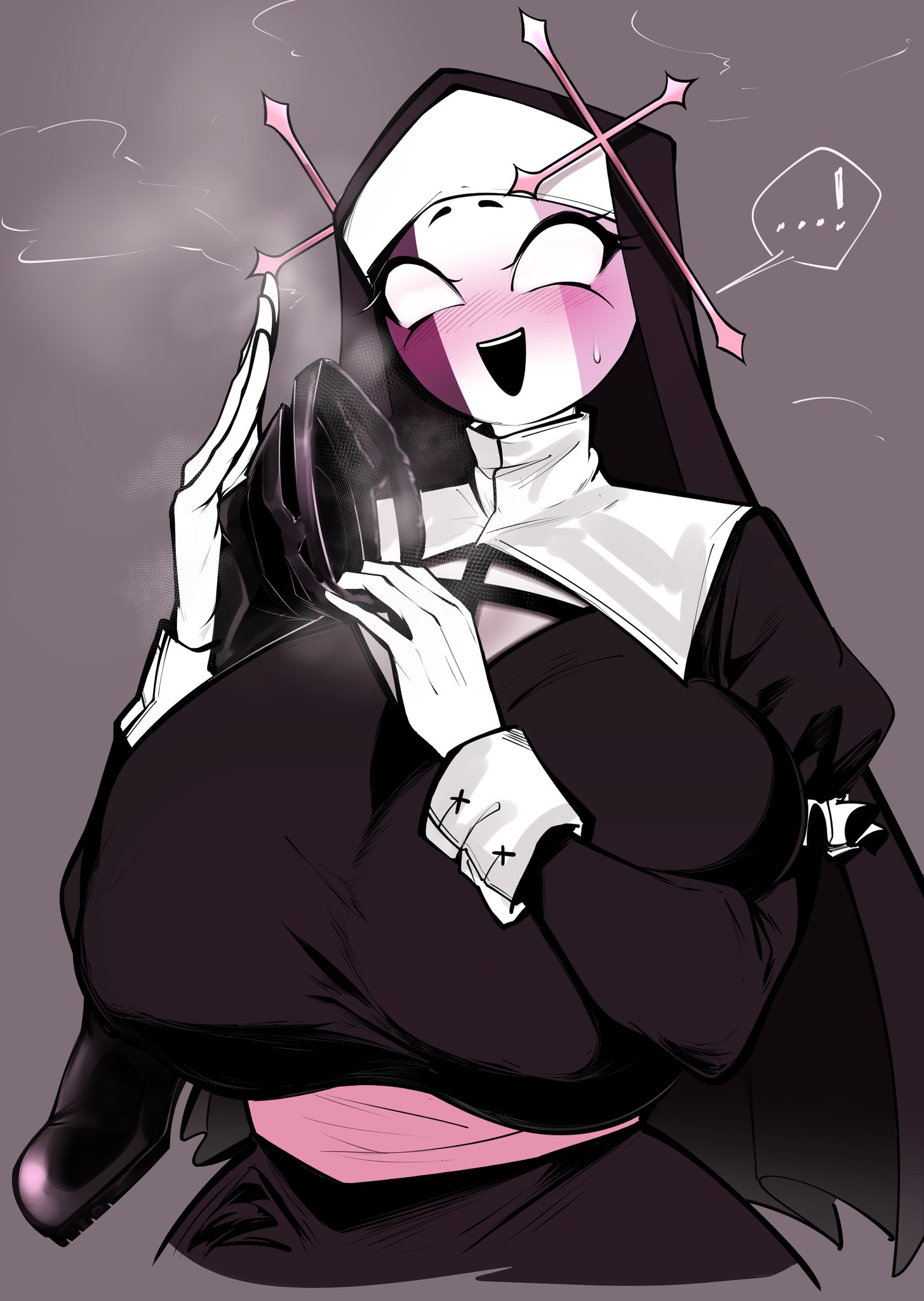 alternate breast size, big breasts, blush, breasts bigger than head, demon, demon girl, female focus, female only, friday night funkin, friday night funkin mod, gloves, holding object, mid-fight masses, mid-fight masses (fnf mod), no pupils, nun, nun outfit, nun's habit, owner (artist), sarvente, sarvente (dokki.doodlez), sarvente (fnf mod), sarvente (friday night funkin), white sclera