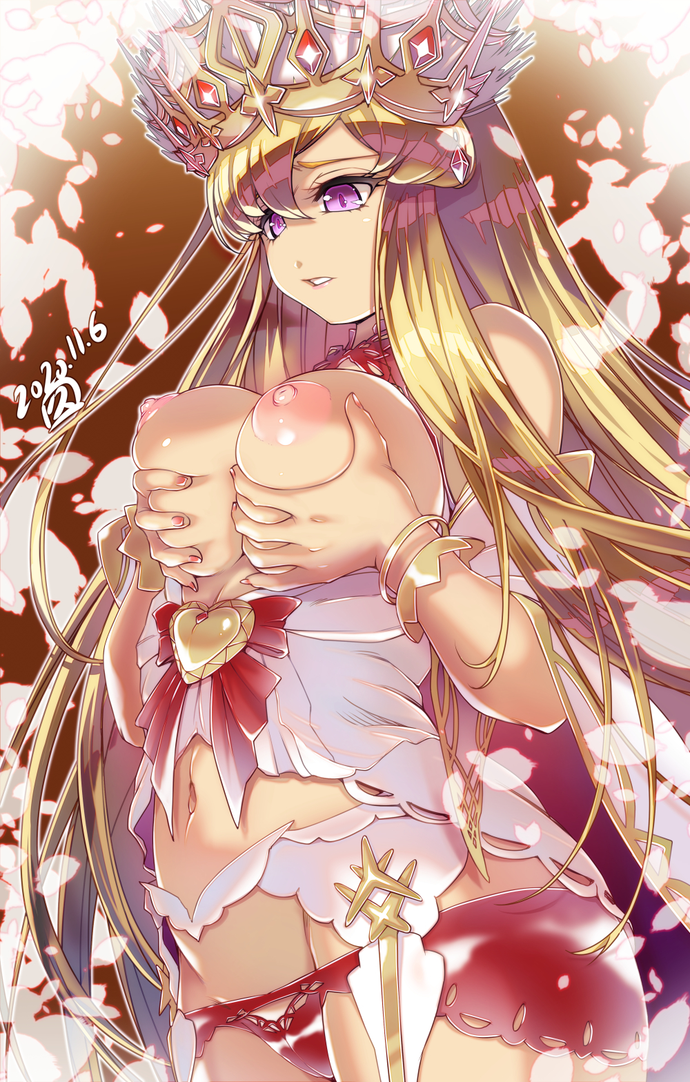 bare_shoulders blonde_hair border bow bracelet breast_grab breast_hold breast_lift breasts breasts_out clenched_teeth collar commentary_request cowboy_shot crown dated dress europa_(fate) eyebrows_behind_hair fading_border fate/grand_order fate_(series) female from_side grabbing hair_between_eyes heart highres hisahiko jewelry long_hair lowleg lowleg_panties midriff navel nipples off-shoulder_dress off_shoulder outline panties purple_eyes pursed_lips red_bow red_collar red_panties self_fondle signature solo teeth underwear very_long_hair white_dress