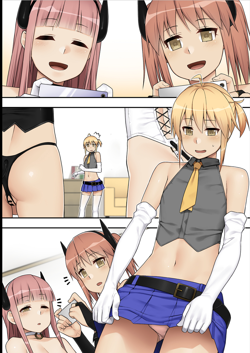 1boy, 2futas, bar censor, blush, breasts, censored, comic, crossdressing, detached sleeves, femboy, full-package futa, futanari, gloves, human, humanoid penis, intersex, kamata yuuya, male, navel, panties, penis, pussy, skirt, skirt lift, standing, trap
