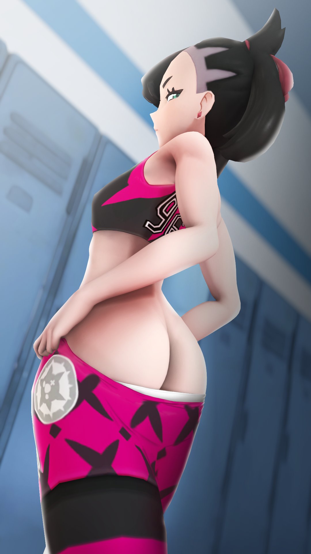 1girls, 3d, ass, black hair, black-haired female, breasts, female, female only, greatm8, looking at viewer, looking back, marnie (pokemon), nintendo, pokemon, pokemon ss, small breasts, solo, source filmmaker, twintails