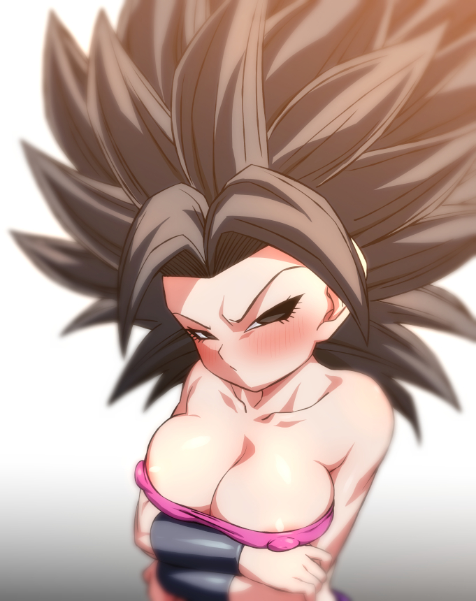 1girls, angry, big breasts, black eyes, black hair, blush, breasts, caulifla, dragon ball, dragon ball super, eye contact, female, huge breasts, large breasts, looking at viewer, nipple bulge, rom, saiyan, shounen jump, solo, standing, upper body