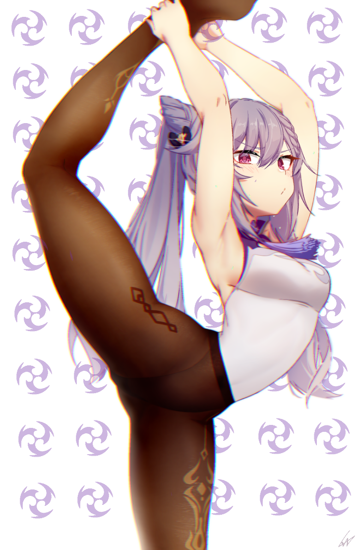 1girls, animal ears, armpits, ass, breasts, cat ears, clothed, clothed female, electricity, female, female focus, female only, fully clothed, genshin impact, keqing (genshin impact), latex, long hair, looking at viewer, medium breasts, purple eyes, purple hair, simple background, small ass, solo, solo female, standing, stretching, twintails