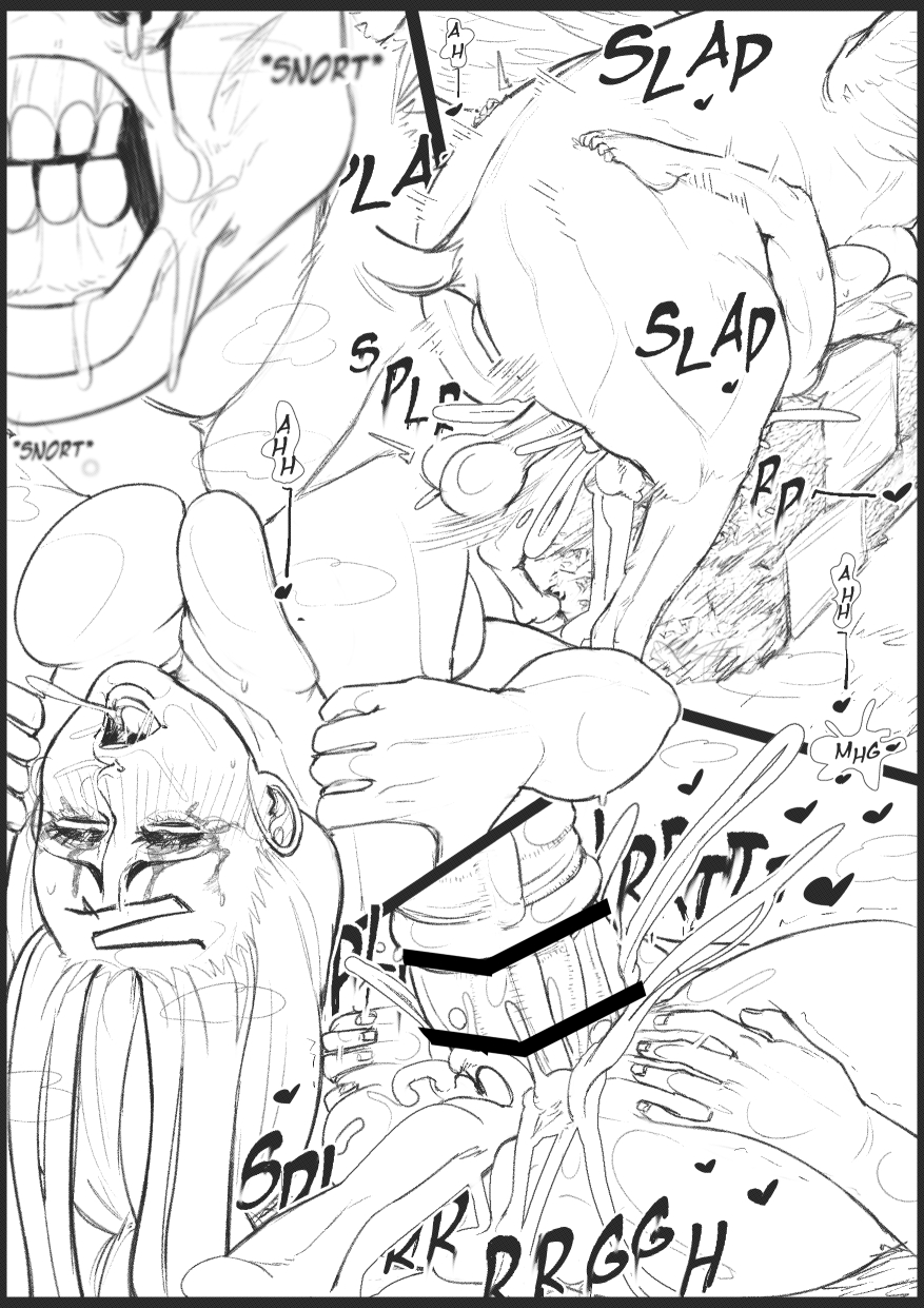 ambiguous penetration, blindfold, breasts, comic page, cum, cum inside, curvy, ejaculation, english text, eyes rolling back, fate (series), fate/grand order, female, feral, feral penetrating, forehead mark, horse, horsecock, huge breasts, large breasts, long hair, male, medusa (fate), monochrome, overalls, penis, ruru-raida, spread legs, ugly horse, venus body, voluptuous, zoophilia