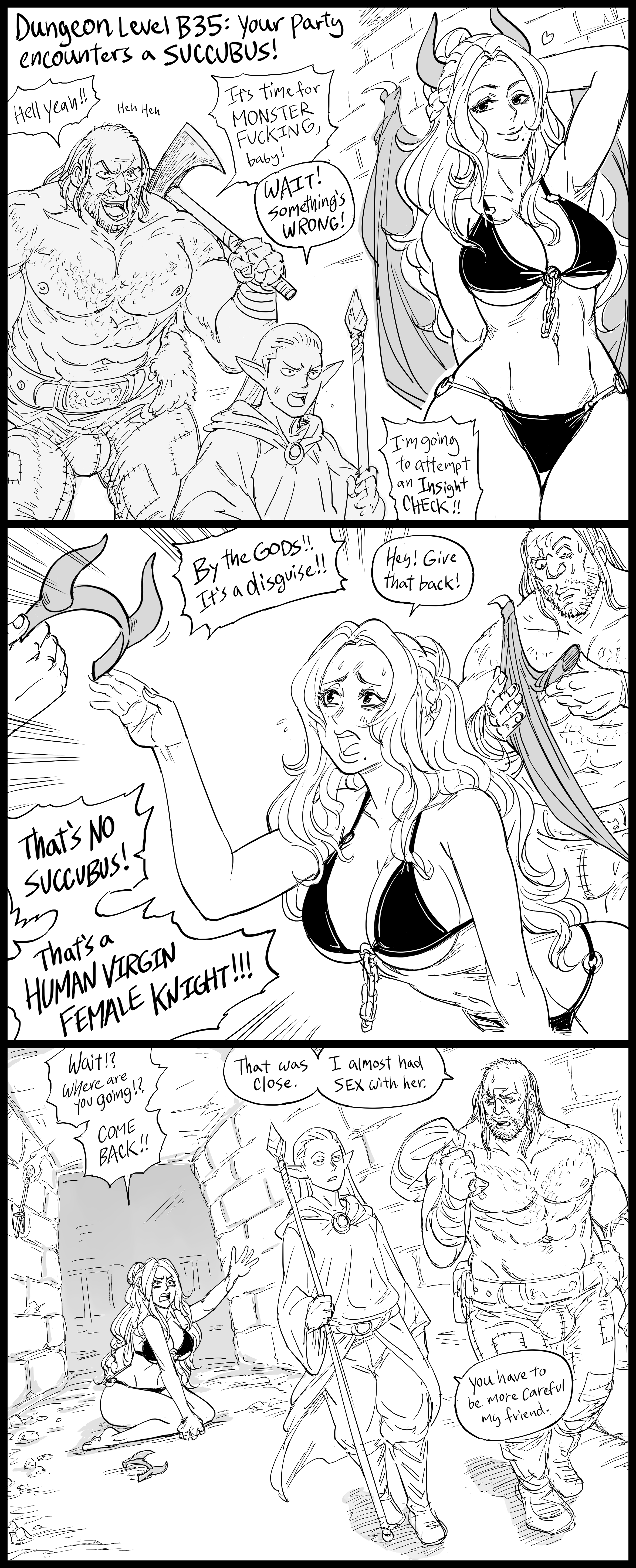 1girls, 2boys, absurd res, bb (baalbuddy), english text, female, male, monochrome, tagme, text bubble, three panels, white background